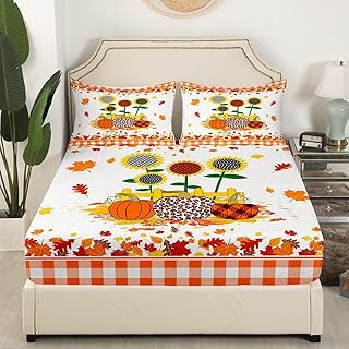 Happy Fall Kids Fitted Sheet Twin Size,Pumpkin Sunflowers Maple Leaf Bedding Set,Girls Boys Adults Room/Cabin Decor,Geometric Grids Patch Bed Cover,Rustic Bright Bed Sheet,1 Pillowcase