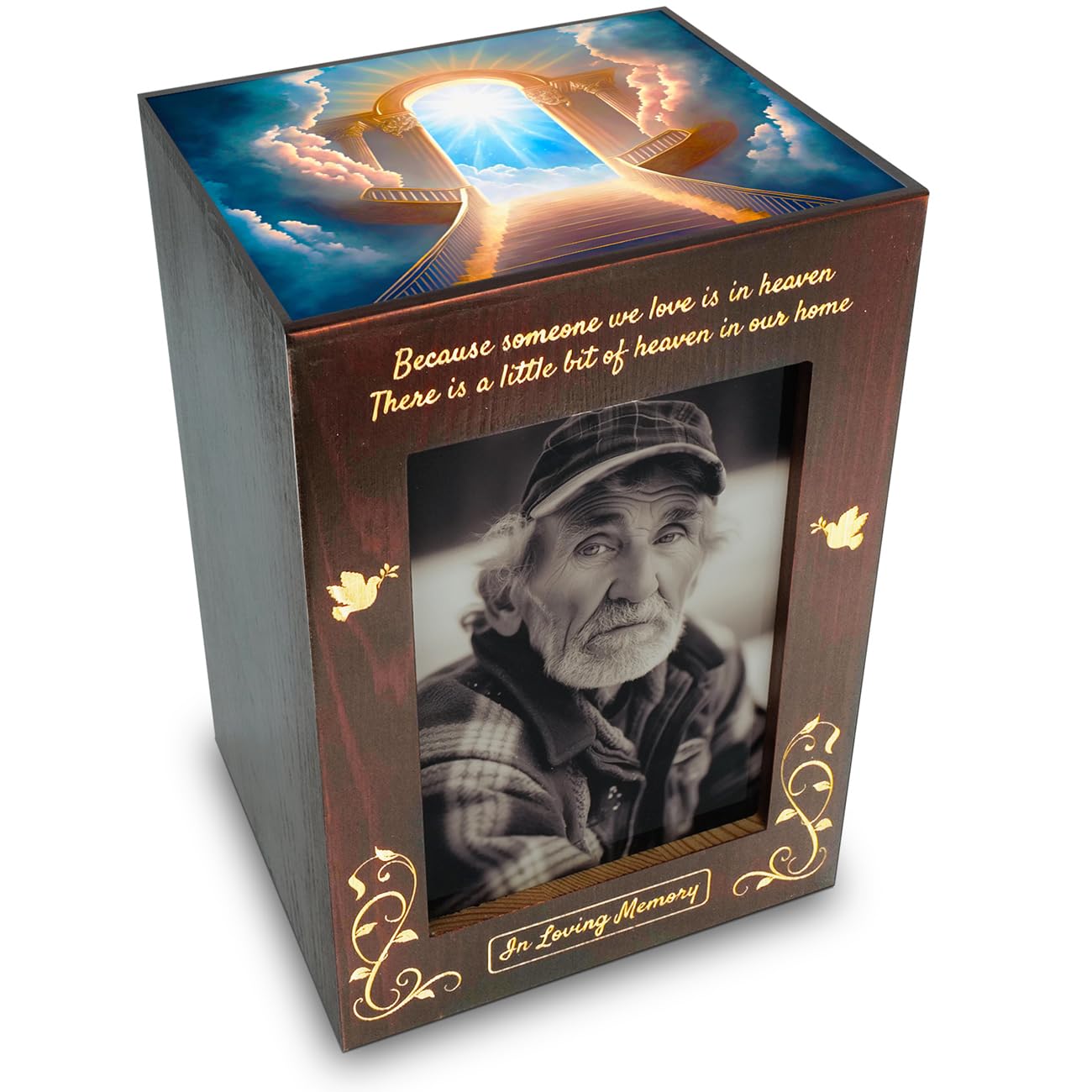 Wooden Cremation Urns with Photo Frame for Human Ashes Adult Female Male, Wood Urns Box and Casket, Decorative Urn with picture(Stairway to Heaven)