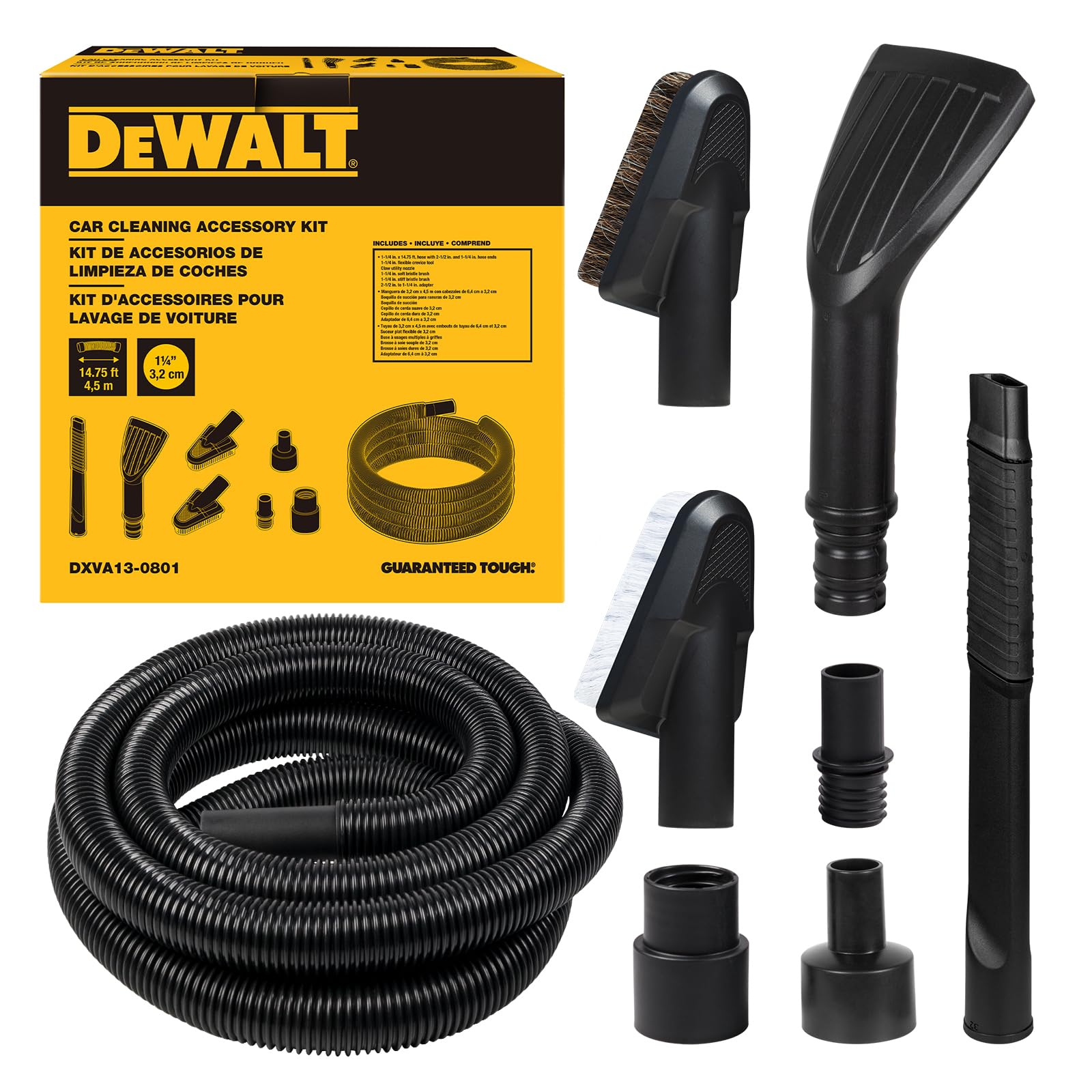 DEWALT 8-Piece Car Detailing Vacuum Hose Accessory Kit, Shop Vac Attachments for Efficient Cleaning, Compatible with Most Wet and Dry Shop Vacuum, DXVA13-0801