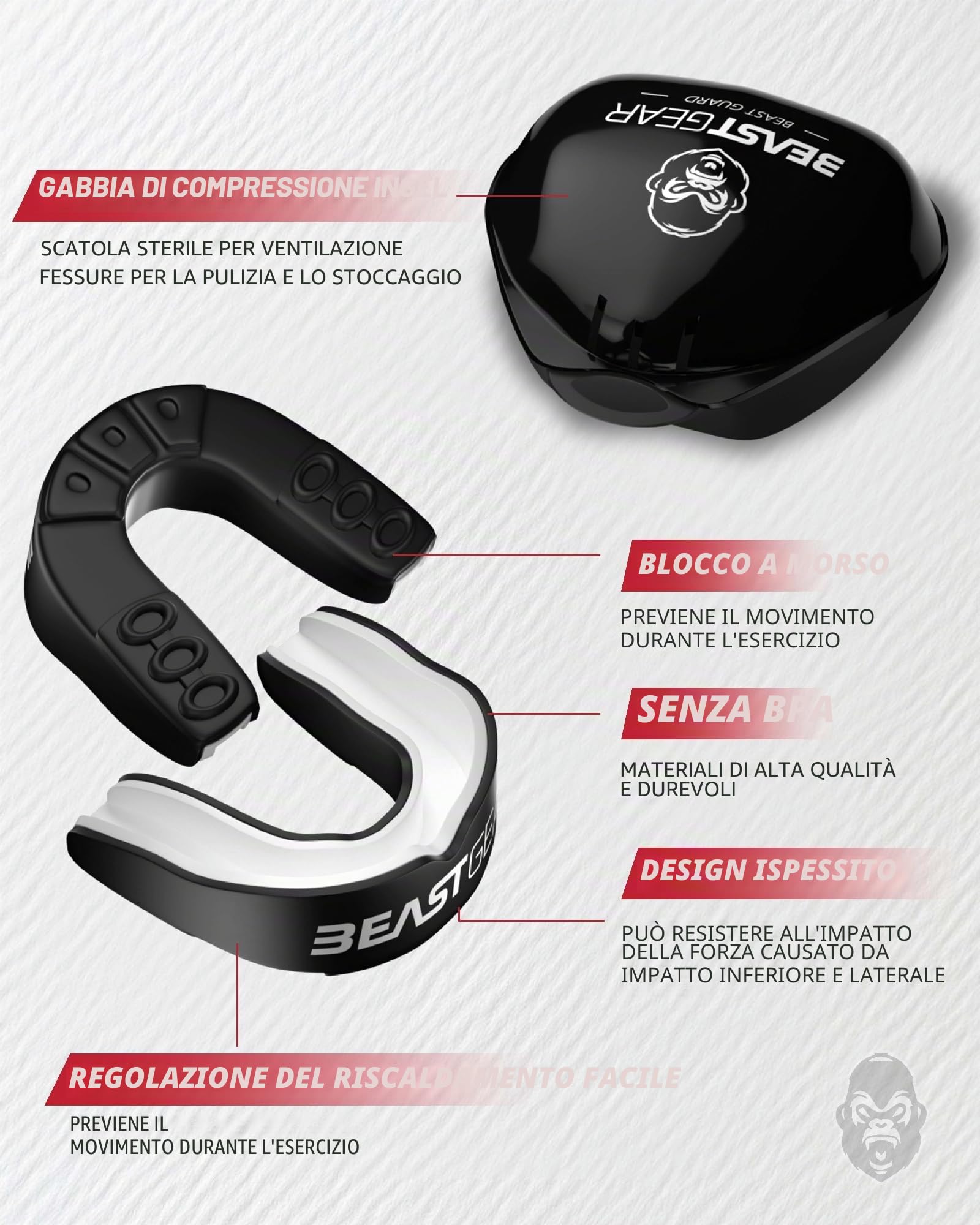 Beast Gear Paradenti Sportivo - Protezione Denti e Mascella, Adatto per Boxe, Paradenti MMA, Rugby, Calcio, Hockey con Custodia Igienica，per Adulti e Adolescenti (11+)