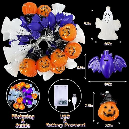Miniatura 4 de Lecone Guirnalda de luces de Halloween, 13 pies, 20 luces LED grandes 3D fantasma, murciélago, calabaza, luces USB y funciona con pilas, luces de