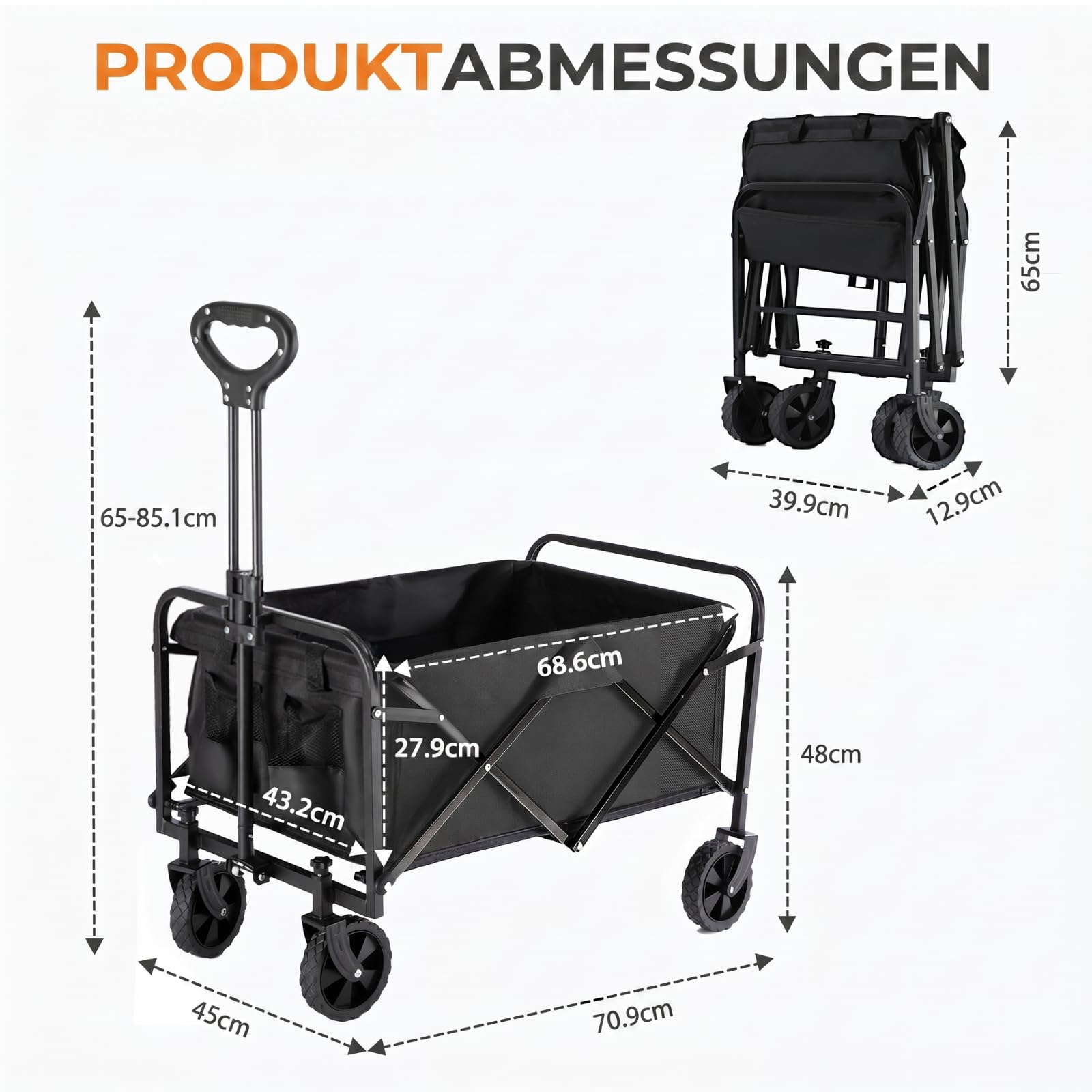 PASAMIC Carrello pieghevole 100L100kg, carrello pieghevole e robusto, con ruote per tutti i terreni e portabicchieri, leggero per il trasporto di cane, shopping, spiaggia, campeggio, nero