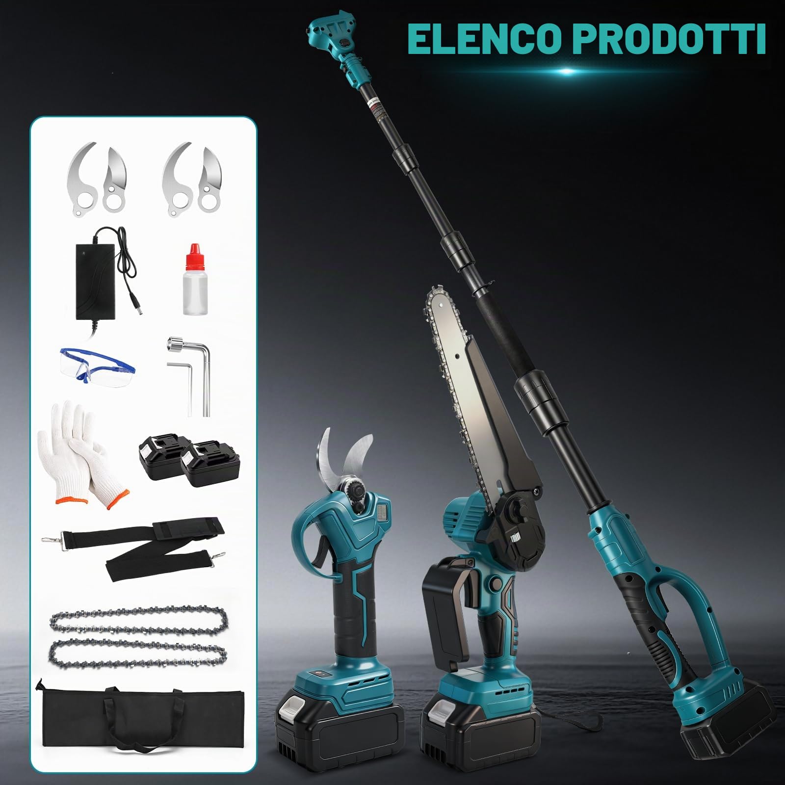 6 Pollici Motosega a Batteria Telescopica & 30 mm Forbici Potatura a Batteria, 4-in-1 Kit Motosega e Forbici con 4000 mAh Batterie, Portata Massima Fino a 4,5 m