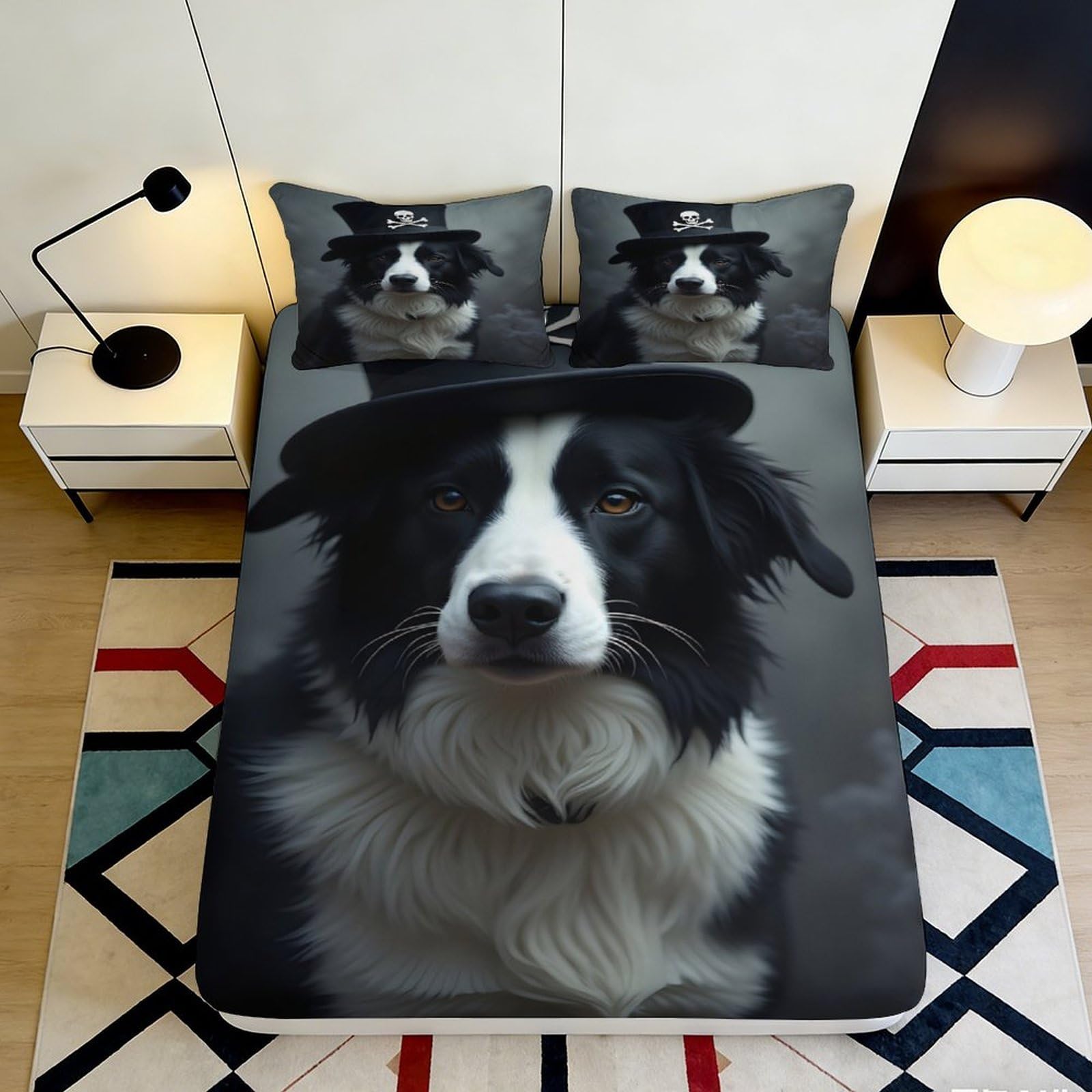 3D Printed stylish black and white dog Fitted Sheet, Microfiber soft touch, apartment bedding, wrinkle resistant, easy to remove, guest room decor, dustproof 120x200x25cm