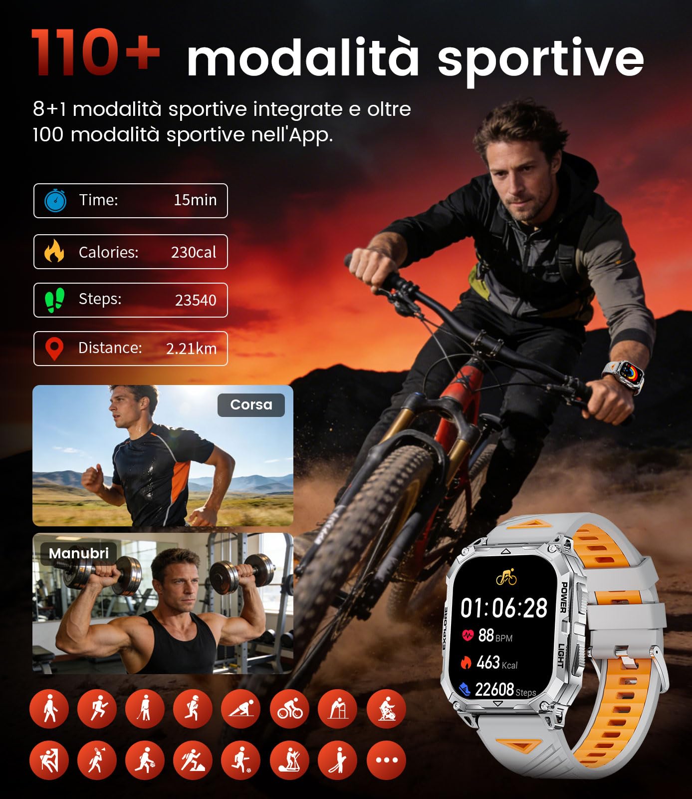 FITFLEX Orologio Smartwatch uomo,900 mAh,2,0" HD Touchscreen,IP68,Argento | 900 mAh, 2,0" HD grande touchscreen con funzione telefonica/frequenza cardiaca/monitor SpO2/sonno, 120+modalità sportive