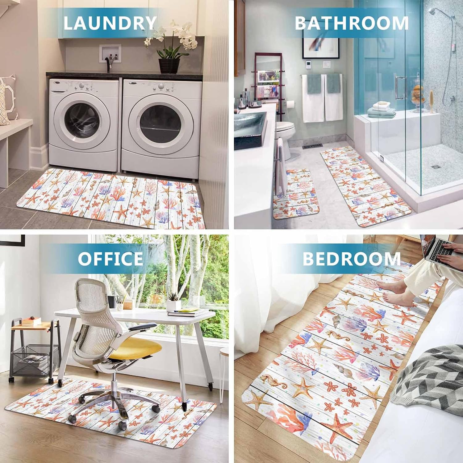 Summer Marine Life Kitchen Mat Set 2 Pieces Nautical Orange Seahorse Starfish Shell Coral Wood Grain Non Slip Kitchen Rugs Washable Runner Rug Mats for Sink Laundry 23.6" x 35.4"+23.6" x 70.9"
