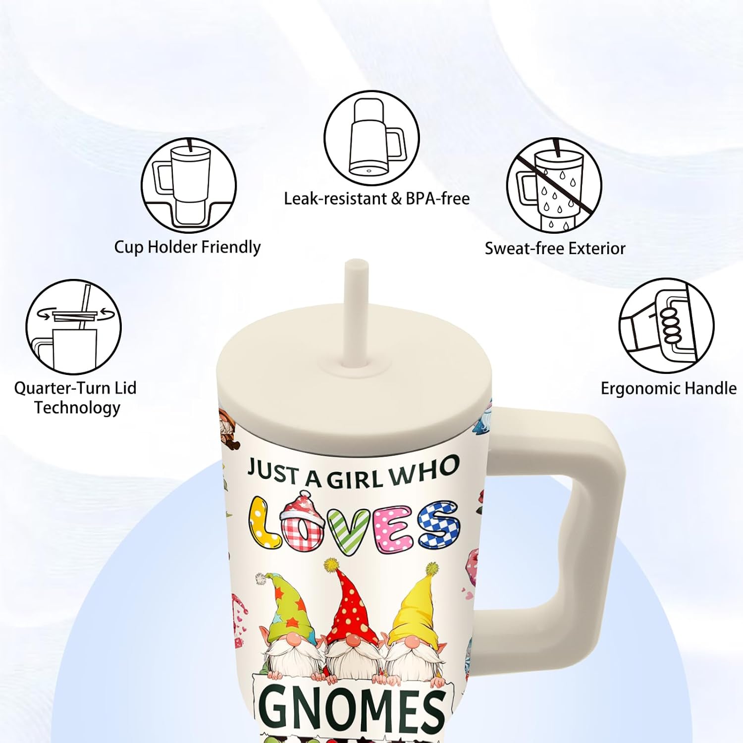 Gift for Her, 24oz GNOMES Themed Tumbler with Handle & Straw, Stainless Steel Insulated Coffee Cup, Cute Stylish Design Mug for Work Daily Use, Gifts for Gnomes Lovers, Graduation Birthday - Image 5