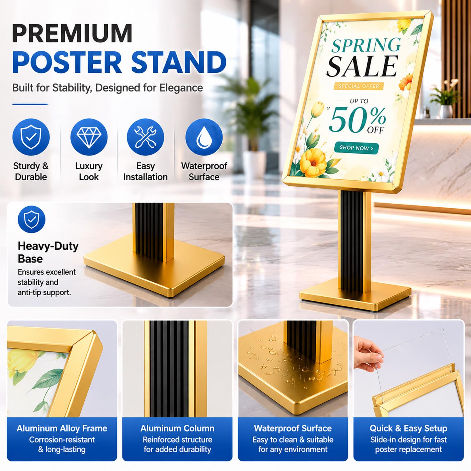 Soporte para Carteles de 50 x 70 cm, Resistente, Ajustable Vertical y Horizontalmente, para Centros Comerciales, Escuelas, Restaurantes, Tiendas y Oficinas Gold-24 * 32in