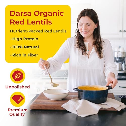 Miniatura 4 de Darsa Organics Red Lentils Masoor Dal - 2 libras con certificación USDA orgánica, sin OMG, sin gluten, lentejas rosadas enteras y divididas, sin