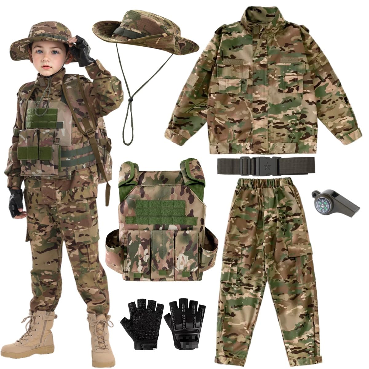 Children's military tactical combat clothing suit camouflage vest with vest boy soldier role (Jungle camouflage, 120size)