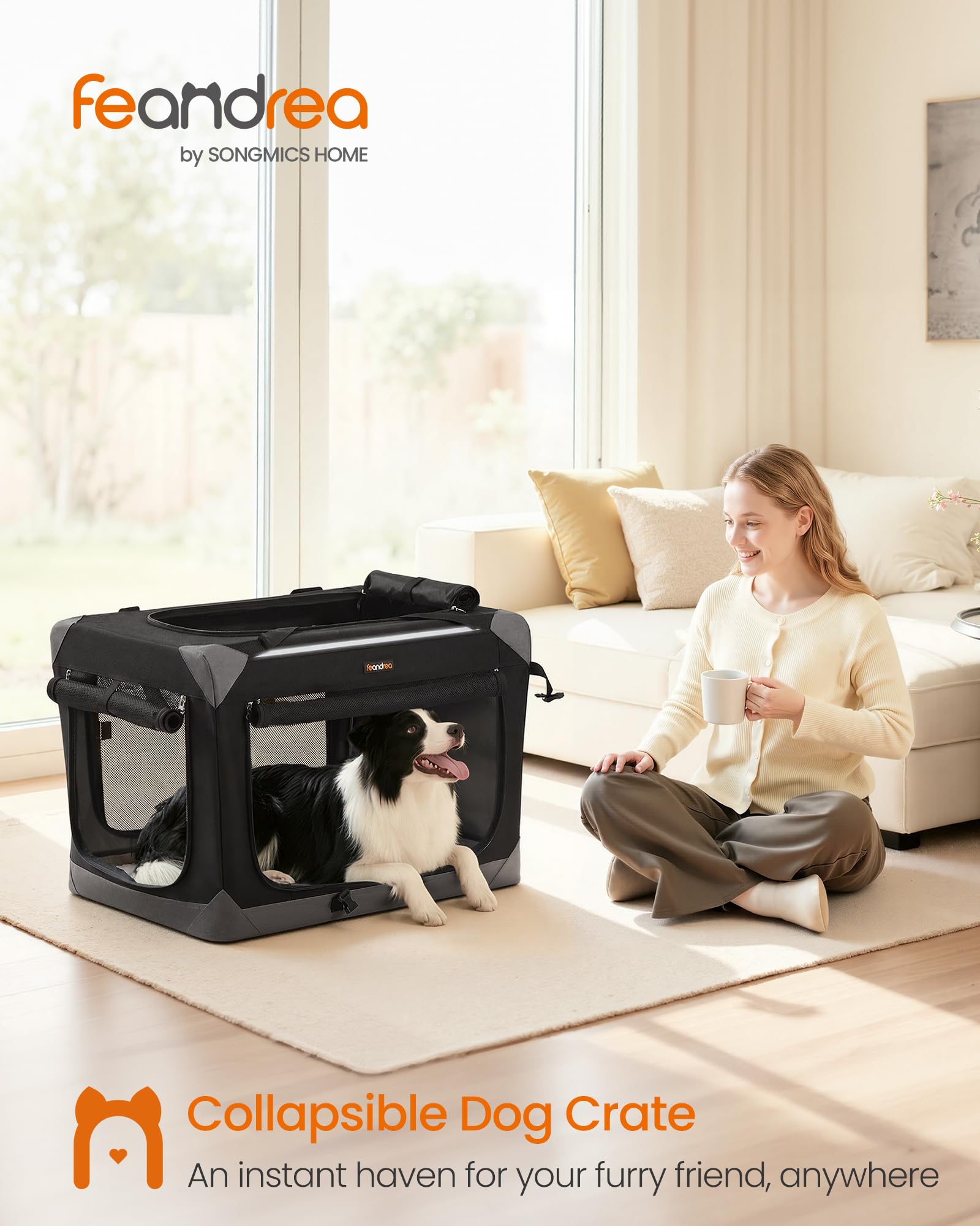 Feandrea Collapsible Dog Crate, Portable Oxford Fabric Pet Travel Crate with 4 Mesh Doors, Handles, Pocket, 30 Inches, for Medium Dogs, Ink Black and Dove Gray UPDC027BH01 - image 2