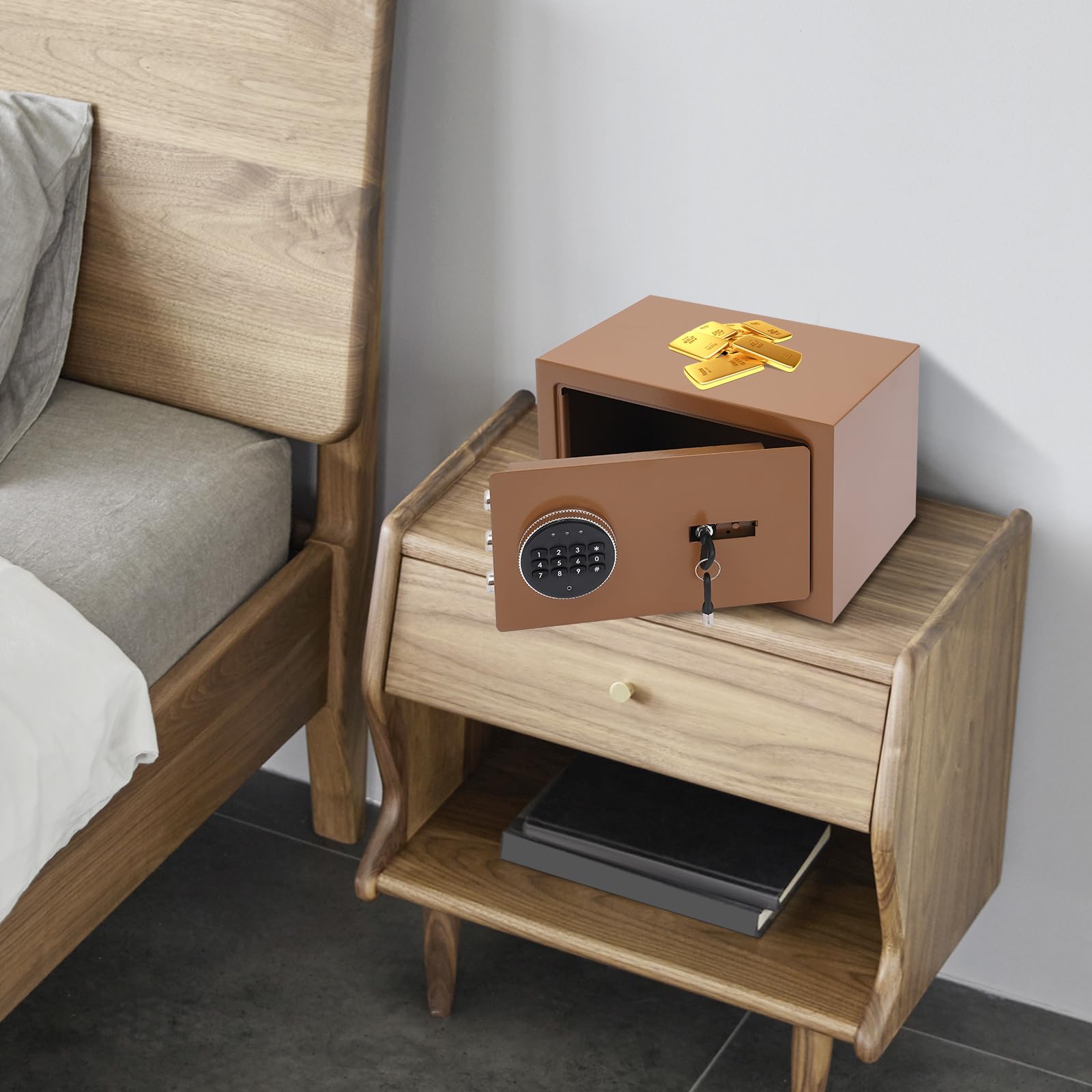 Cassaforte con password digitale e chiave di emergenza, funzione di allarme, 31 × 20 × 20 cm, cassaforte sicura per casa, ufficio e hotel (caffè)