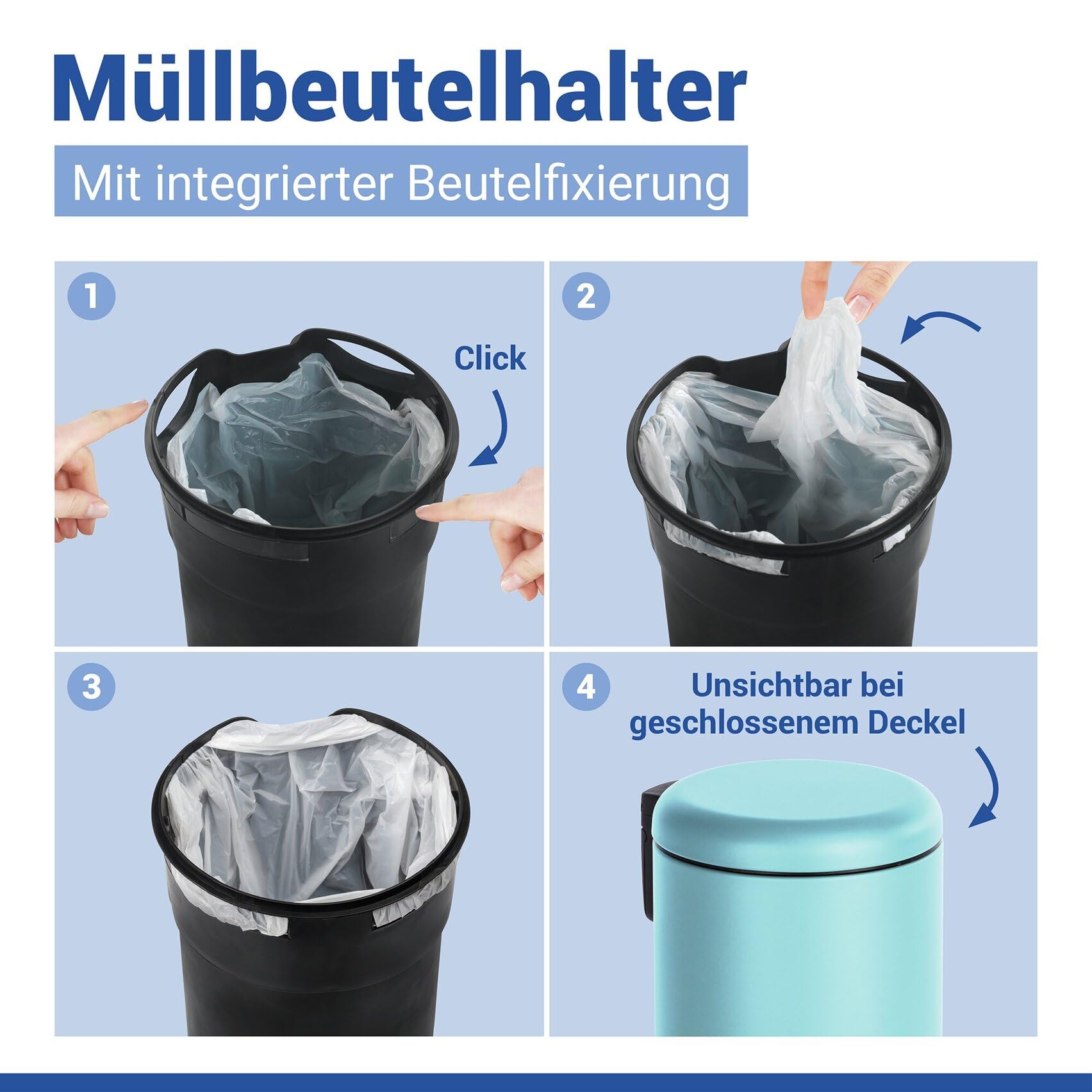 WENKO Kosmetikeimer 3 Liter, Stahl, herausnehmbarer Inneneimer mit Müllbeutelhalter, Mülleimer fürs Bad mit Deckel und Tretfunktion, ausklappbarer Tragegriff, Blau matt, Mod. Leman