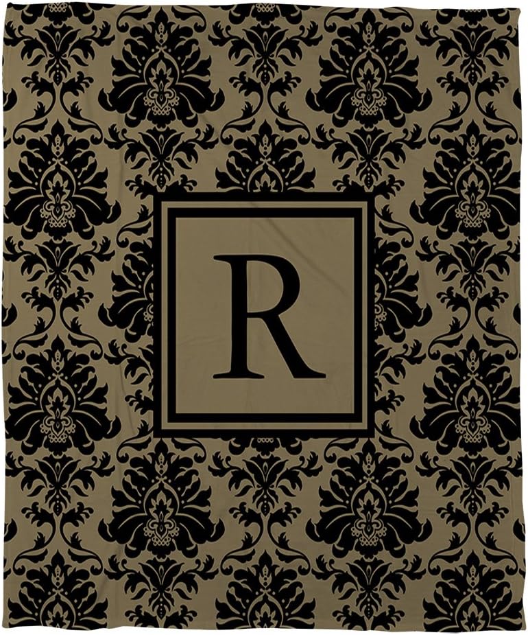 Manual Woodworkers & Weavers Coral Fleece Throw, 30 by 40-Inch, Monogrammed Letter R, Black and Gold Damask
