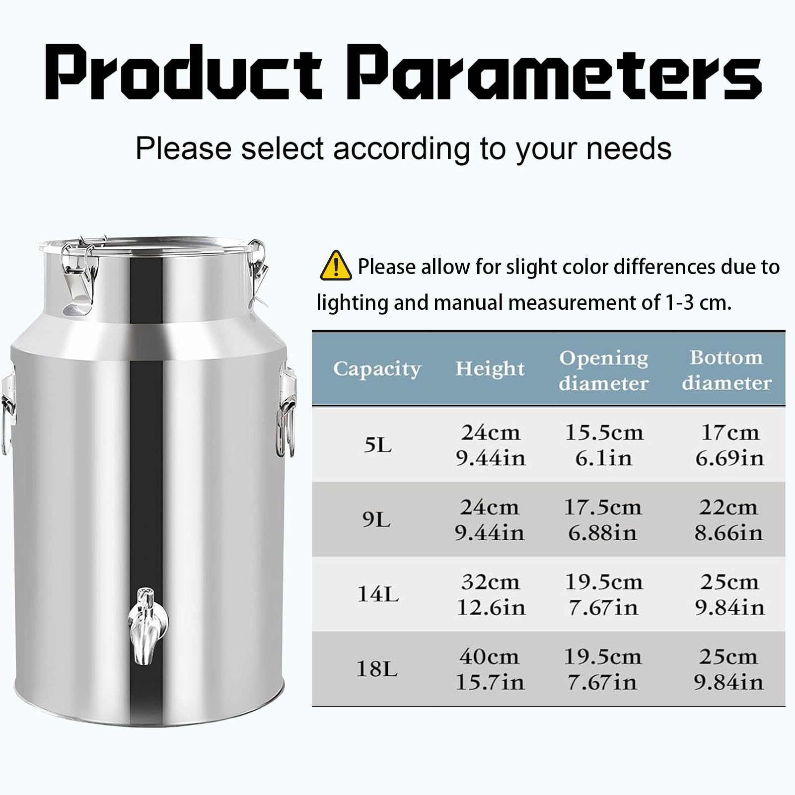 Lata de leche de acero inoxidable de 5L/9L/14L/18L, tanque de fermentación resistente con tapa sellada, ideal para leche, vino, cerveza y transporte de alimentos, jarra de agua