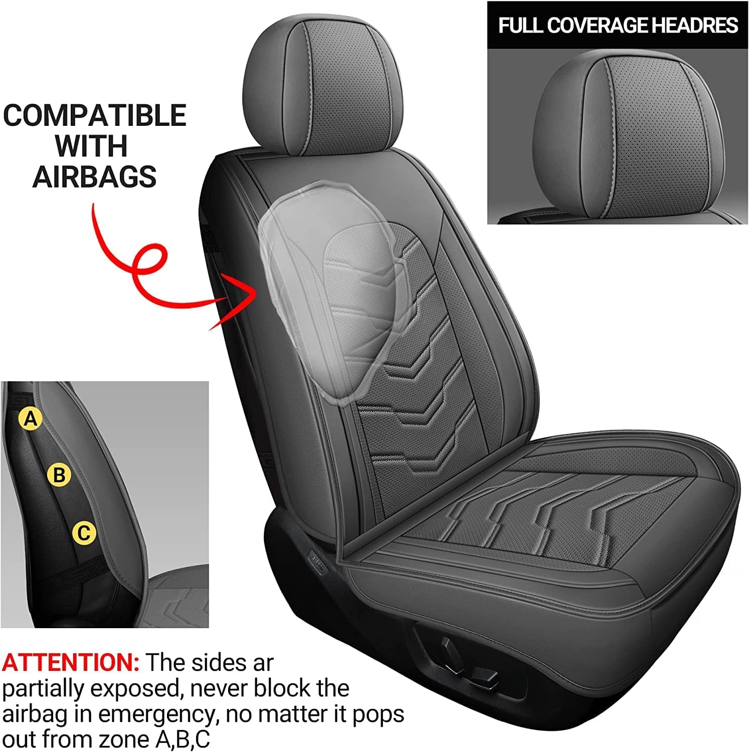 AOOG Leather Car Seat Covers Universal fit Most Sedans SUV Trucks, (Full Set, Grey)