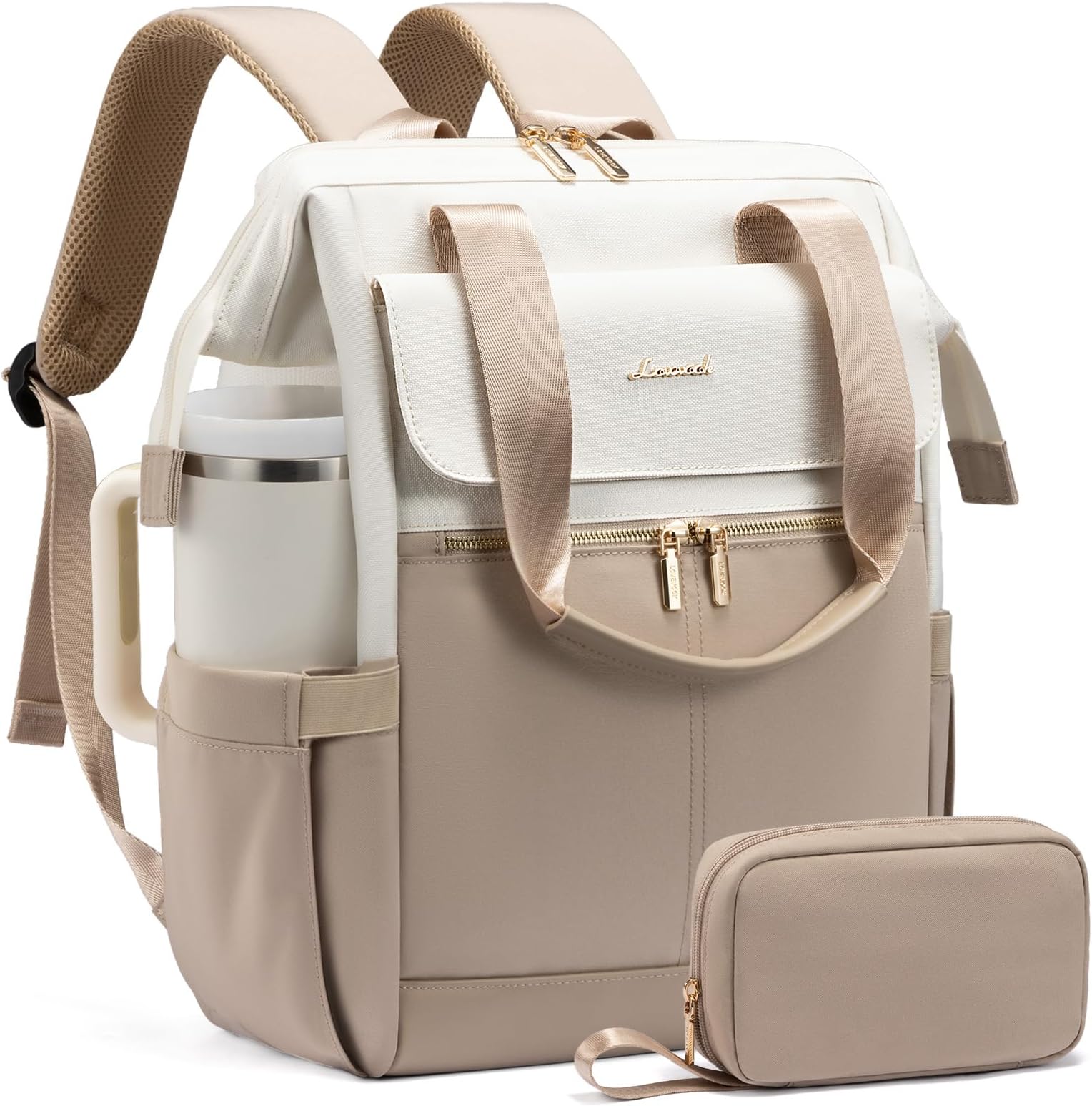 Laptop Backpack for Women, 15.6 Inch Work Laptop Bag with USB Port, Fashion Teacher Nurse Backpack Purse, Waterproof Travel Computer Backpack with Organizer Bag, 2PCS, Beige-Khaki