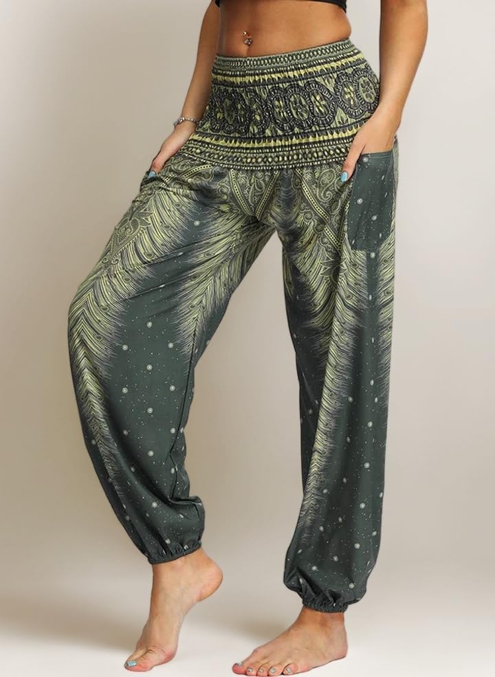 Women's Hippie Harem Trousers Smocked High Waisted Pockets Cuffed Yoga Pants
