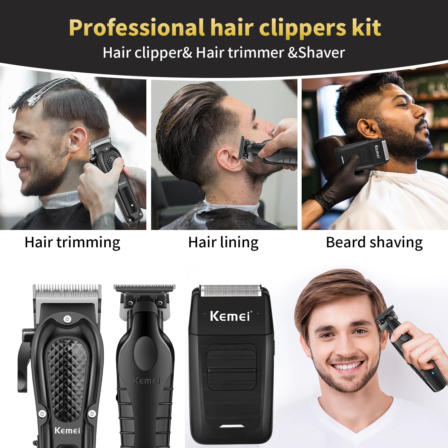 KEMEI Professionelles Haarschneidemaschine Set für Männer, schnurloses Haarschneidemaschine Kit mit Bartschneider & Folienrasierer, R-Type verstellbare Klinge, Baber Clipper, Haarschneide-Kit