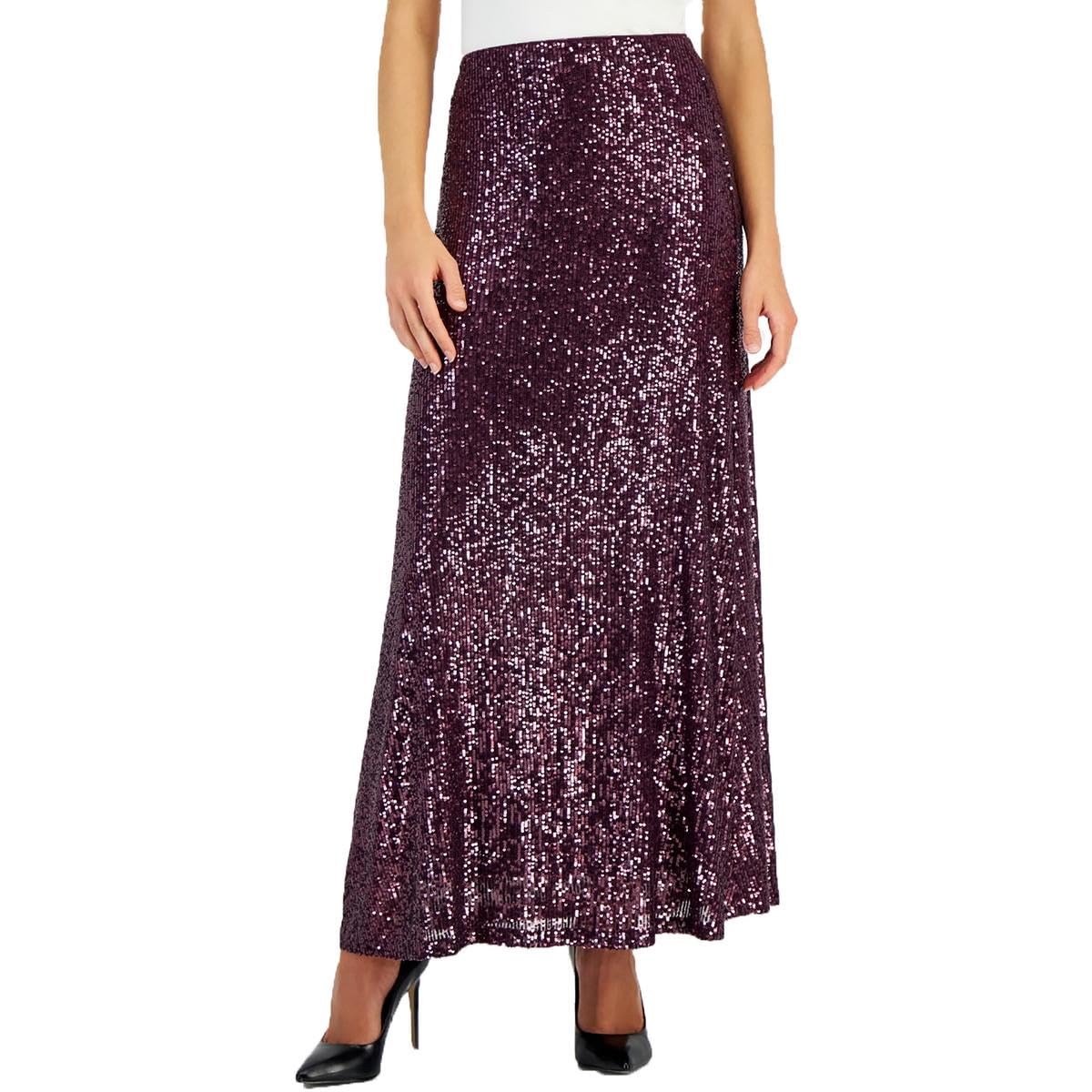 Anne Klein Womens Sequined A-Line Skirt, Deep Plum, XL