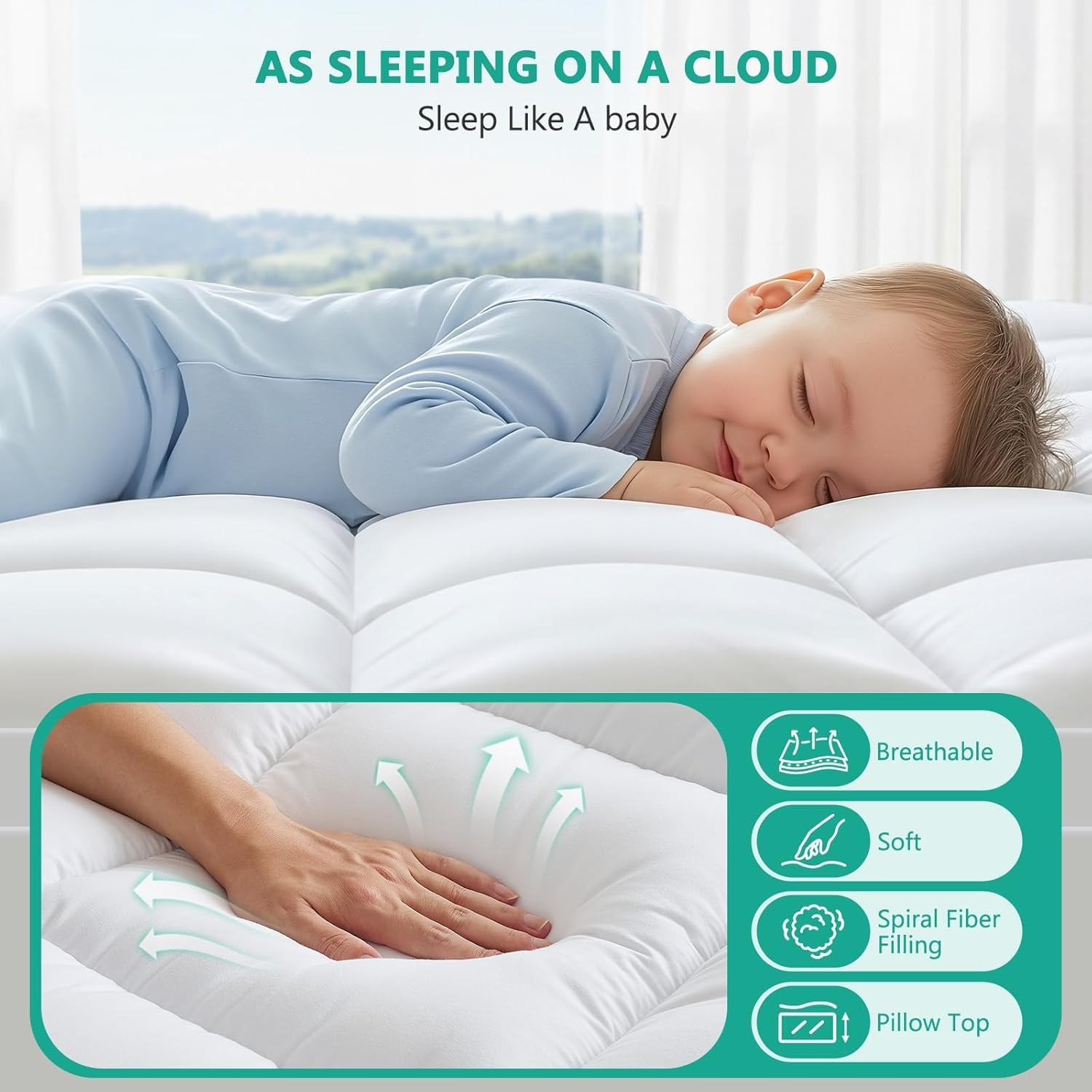 Queen Mattress Topper - Extra Thick Mattress Pad Cover - Pillow Top with Soft Breathable Spiral Fiber Filling, 8-21 Inch Deep Pocket, Cooling, White - Image 4
