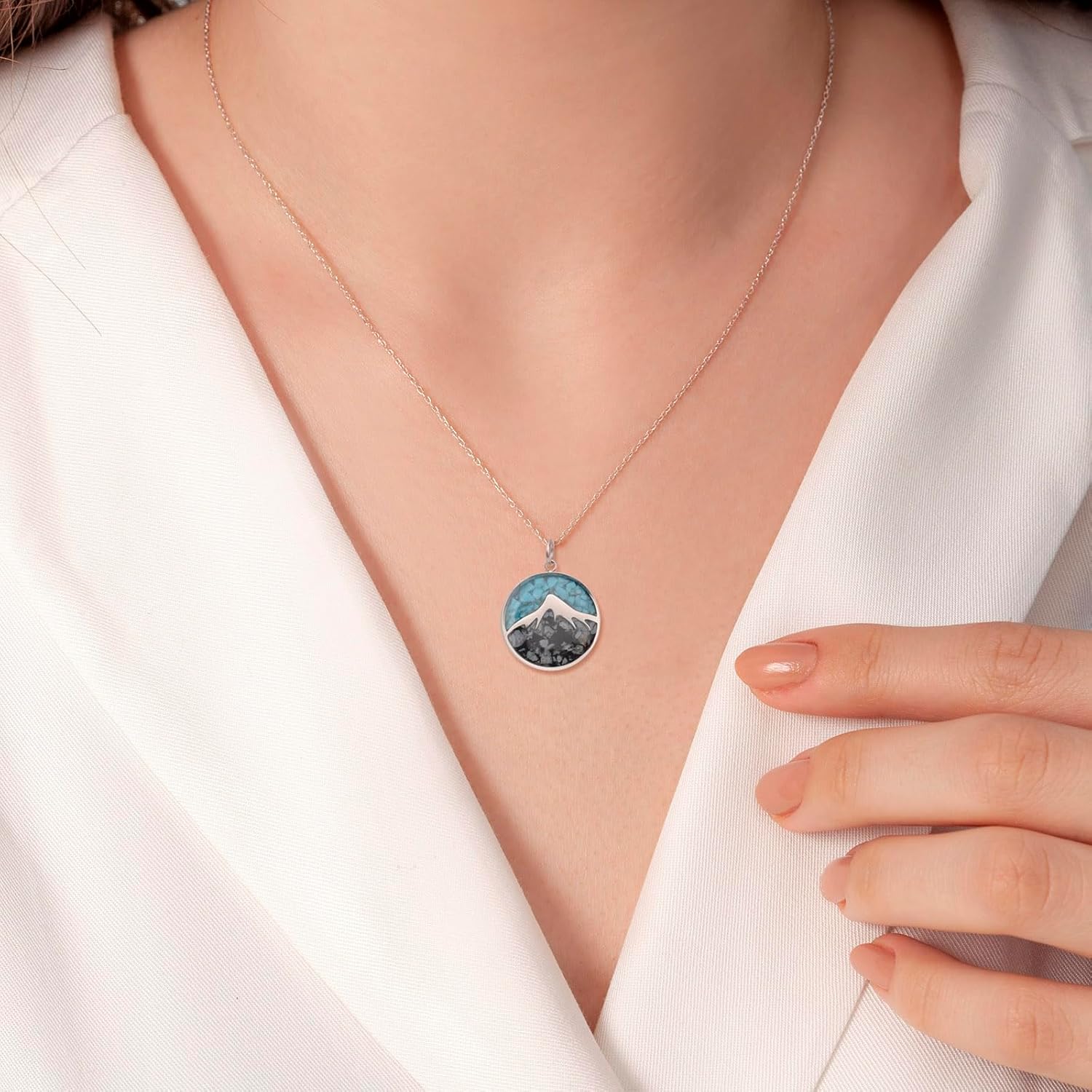 Lauren-Spencer Mountain Necklace for Women, Stainless Steel Pendant Necklace in Turquoise Sodalite Stone Chips, Dainty Nature Necklaces Jewelry Gifts for Skiers, Hikers, Campers, Climbers and Nature Lovers - Image 2