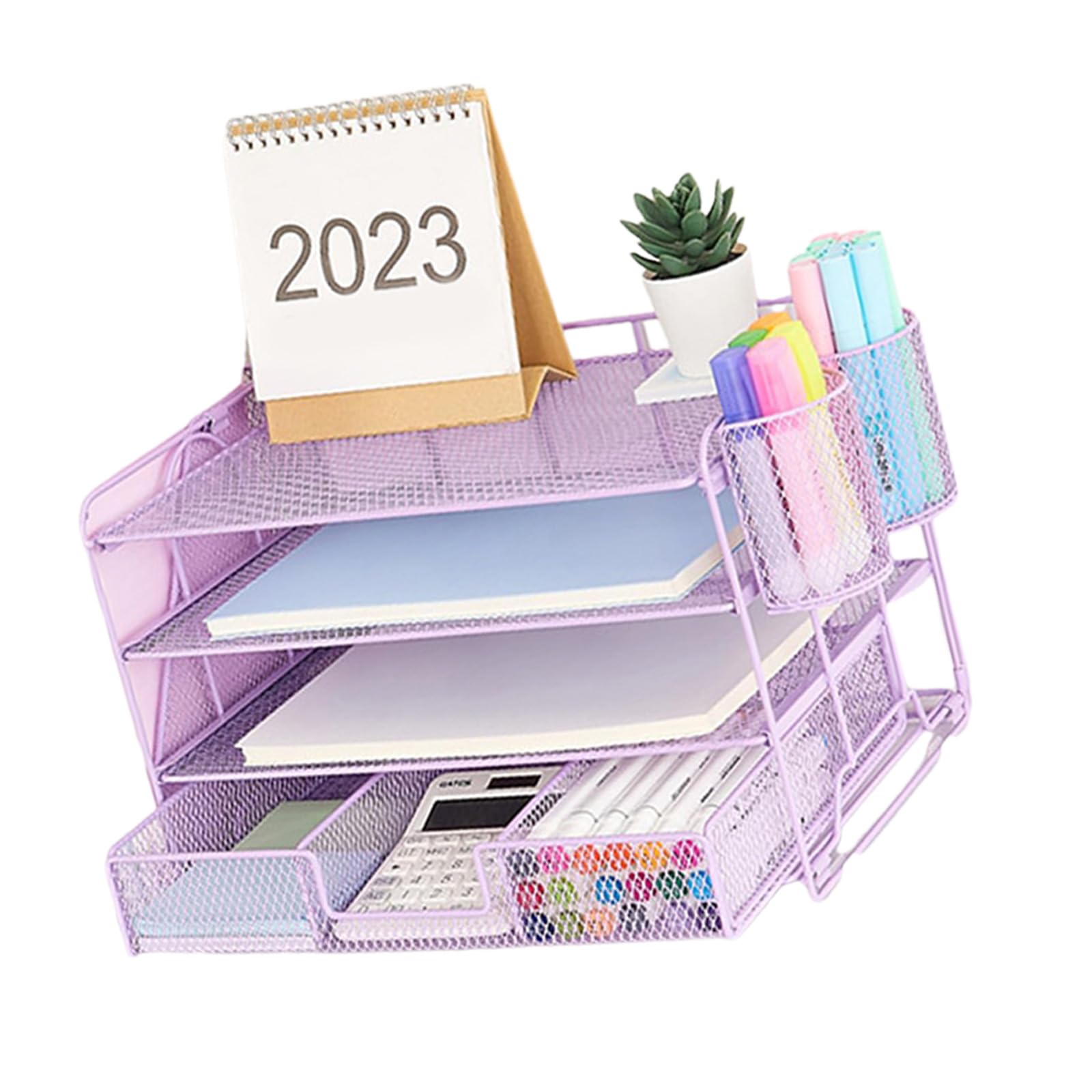 MLWSKERTY Desktop Organizers 4-Tiered Paper File Tray Document Organizers With Magazine Rack Sliding Drawer And 2 Pen Cups