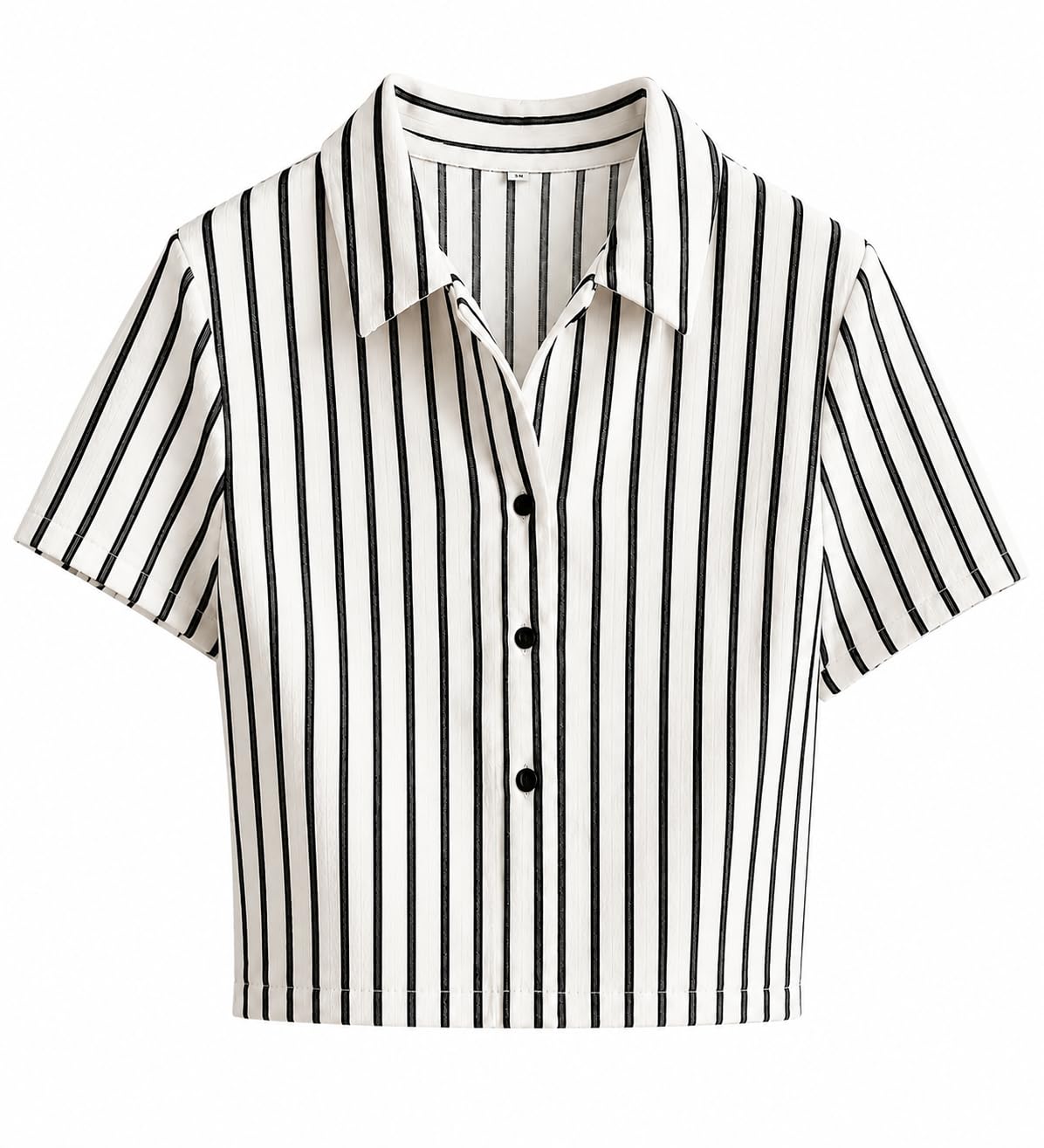 Women's Striped Short Sleeve Shirt, Black and White, Button-Down Collared Casual Top, Crop Shirt for Women-picture-31