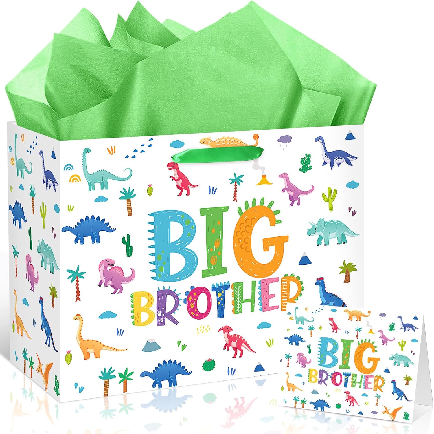 Big Brother Gift Bag for Boys, Cute Big Bro Gift Bag with Tissue Paper and Greeting Card Green Wrapping Paper Cartoon Dinosaur New Brother Party Decoration for Little Boy Birthday Party Supplies