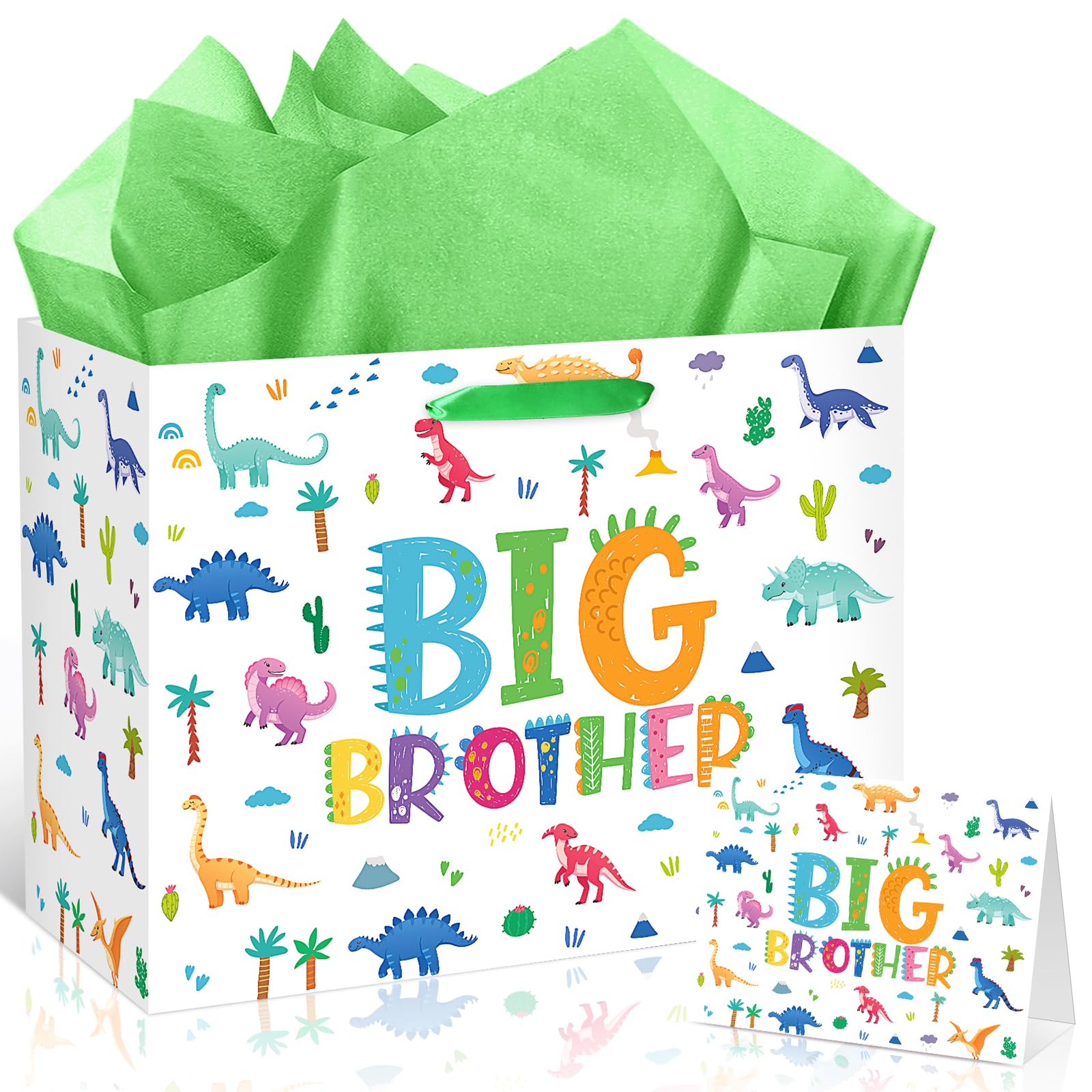 Big Brother Gift Bag for Boys, Cute Big Bro Gift Bag with Tissue Paper and Greeting Card Green Wrapping Paper Cartoon Dinosaur New Brother Party Decoration for Little Boy Birthday Party Supplies