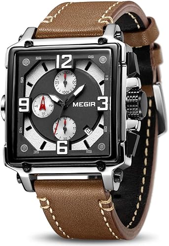 MEGIR ML2061G Reloj analógico de cuarzo con cronógrafo militar para hombre con correa de cuero de moda para deporte y trabajo de negocios