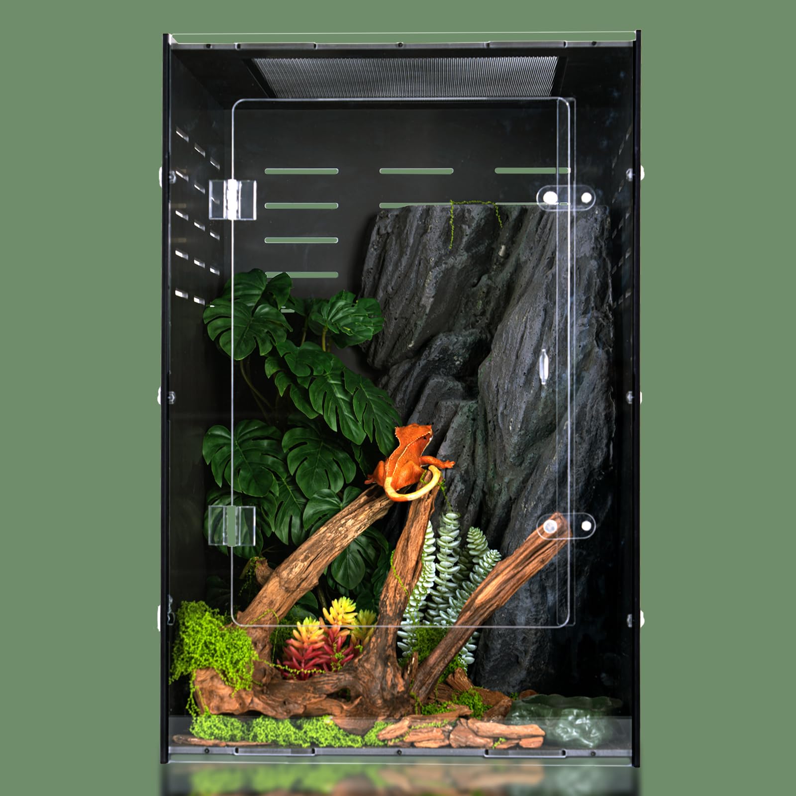 16" x 16" x 24" Black PVC Reptile Enclosure, Large Front Opening Arboreal Terrarium for Adult Geckos & Nocturnal Reptiles, Insulated Tank with Secure Lock