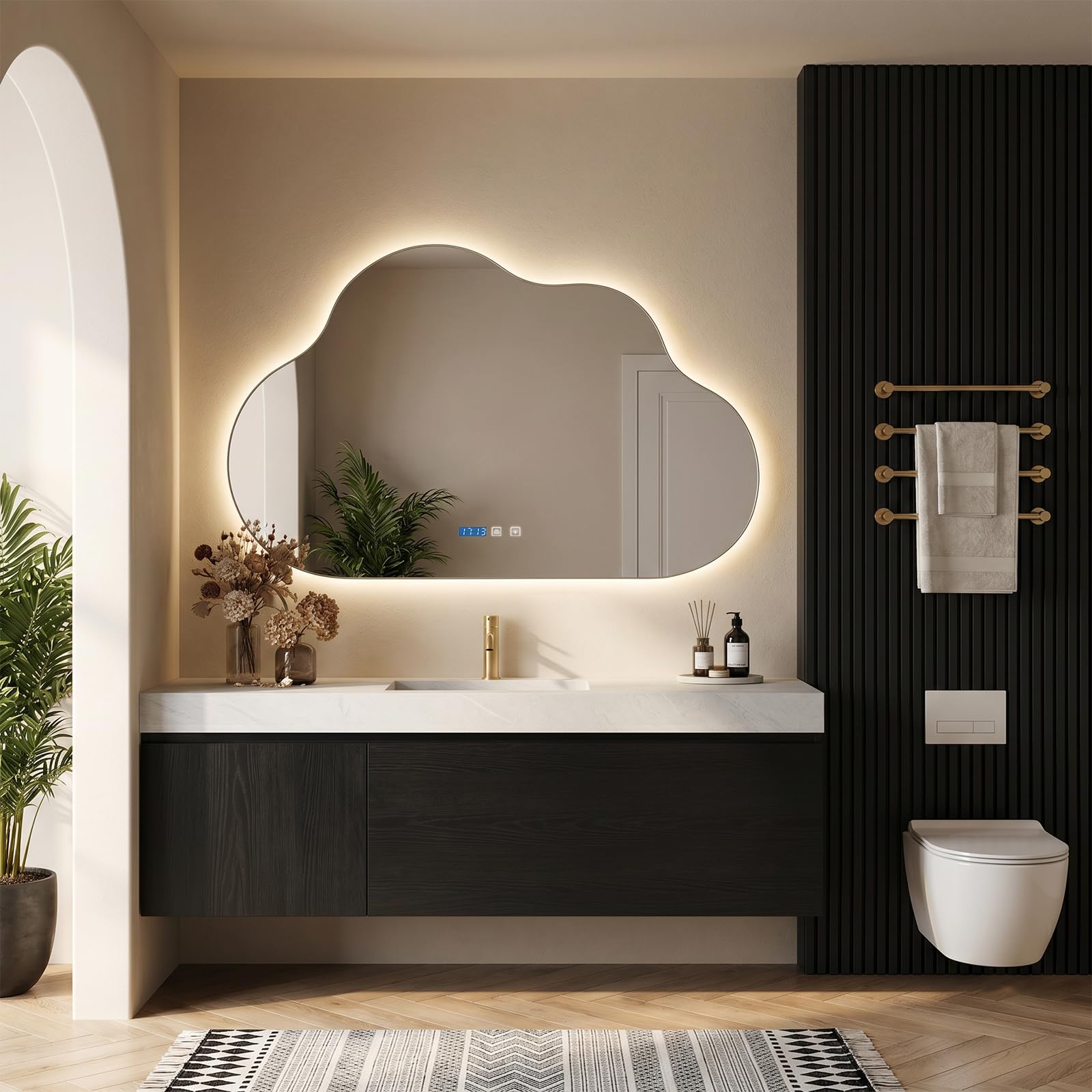 Badspiegel mit Beleuchtung, 60x80cm LED Badezimmerspiegel mit Beleuchtung, Intelligenter Spiegel mit dimmbarer Farbtemperatur, Echtzeit Zeitanzeige & Temperatur, IP44 Beschlagfrei, Wandmontage
