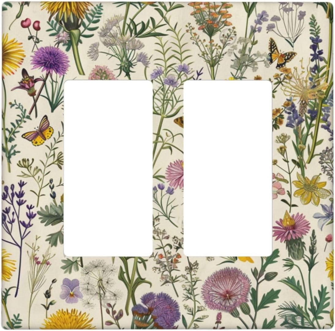 Decorative Outlet Covers Rustic Flowers Floral Plants Butterfly 2 Gang Wall Plate Double Rocker Two Switch Wall Cover Plate Light Switch Cover Plate Faceplate for Bedroom Home Decor