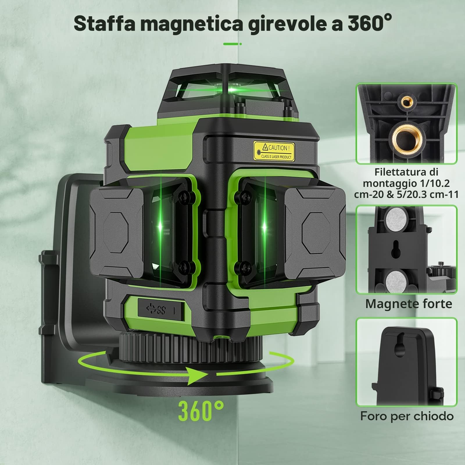 Livella Laser Autolivellante 3x360°,Huepar 45m Livello Laser Verde 12 Linee con Modalità Impulso per esterni,3D Linea a Croce Orizzontale/Verticale con Base Magnetico, 4000mAh Batteria al Litio HM03CG