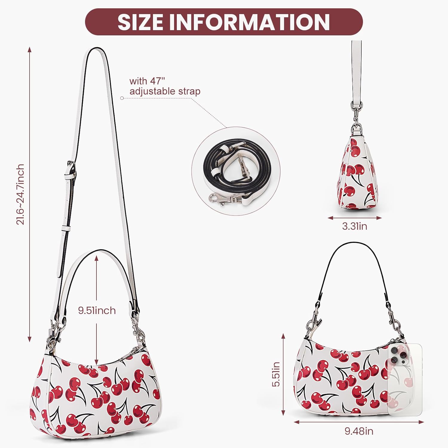 Shoulder Bag for Women Cherry Purse Cute Fruit Print Purse Small Coquette Crossbody Hobo Bag with Strawberry Print - Image 3