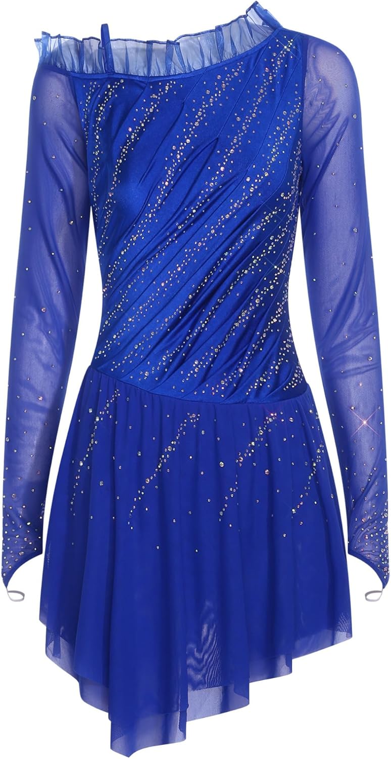 renvena Women Rhinestones Lyrical Dance Dress Sheer Mesh Long Sleeves Figure Skating Dress Ballet