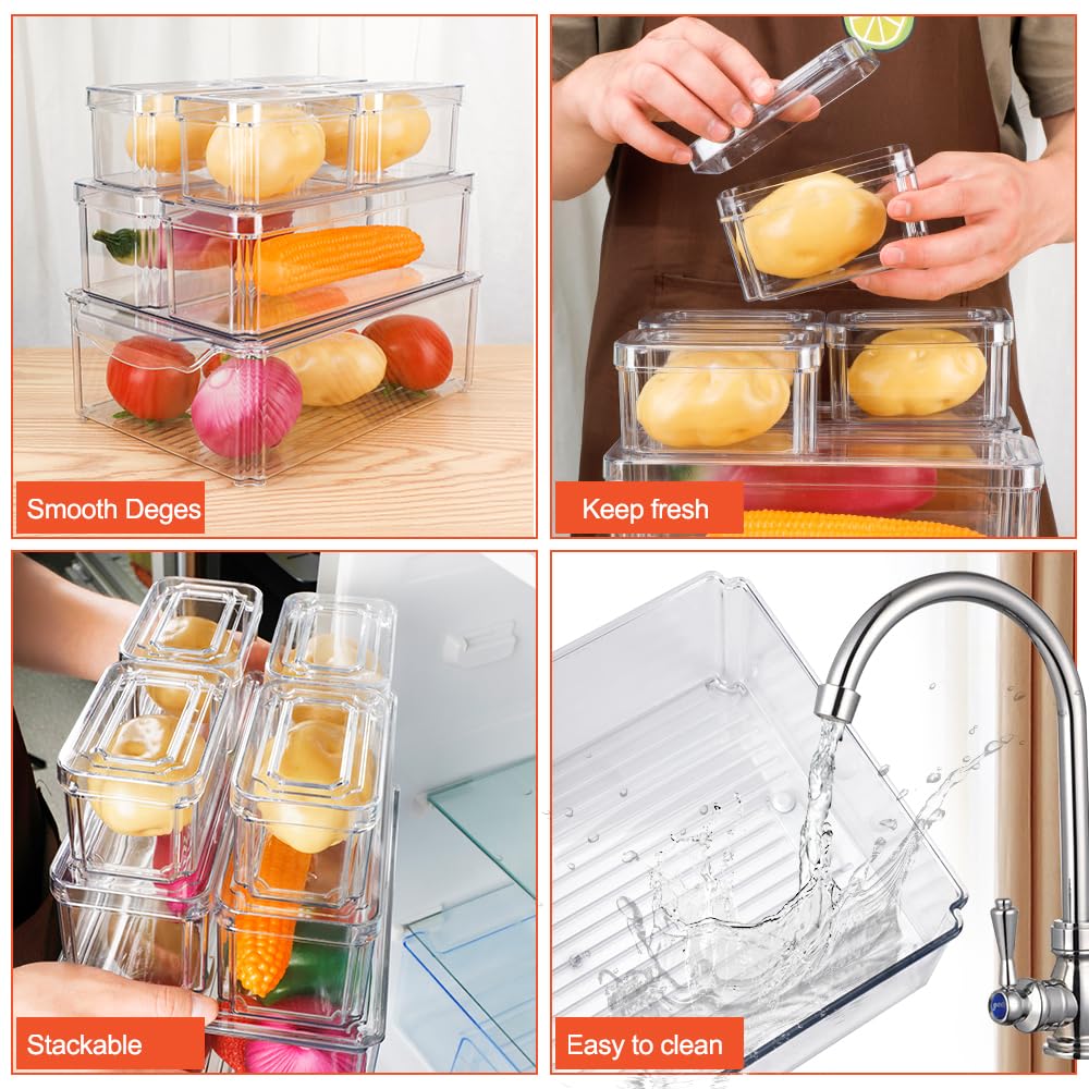 Juego de 7 organizadores de refrigerador apilables con tapas, juego de contenedores de almacenamiento de plástico transparente, frutas, verduras