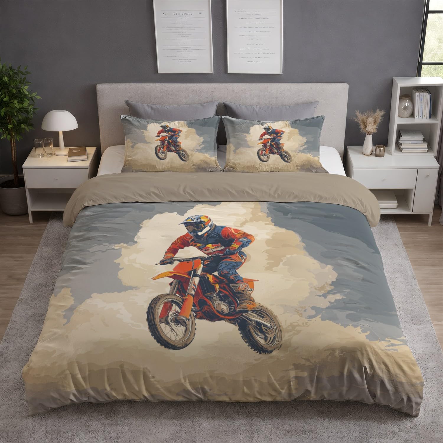 Beżowa Nowoczesna Mgła Motocyklowa Poszwa na kołdrę 180 x 220 cm, Anime Miękka mikrofibra Dwustronny zestaw pościeli z zamkiem błyskawicznym 3-częściowy z 2 poszewkami na poduszki