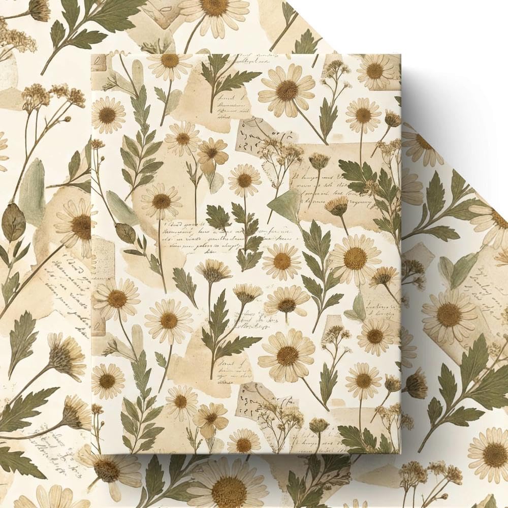 GleeWrap 4 Sheet Vintage Daisy Wrapping Paper for Women, Retro Floral Daisy Flower Design Gift Wrap for Birthday,Mother's day,Wedding,Bridal Showers, 70 * 50cm