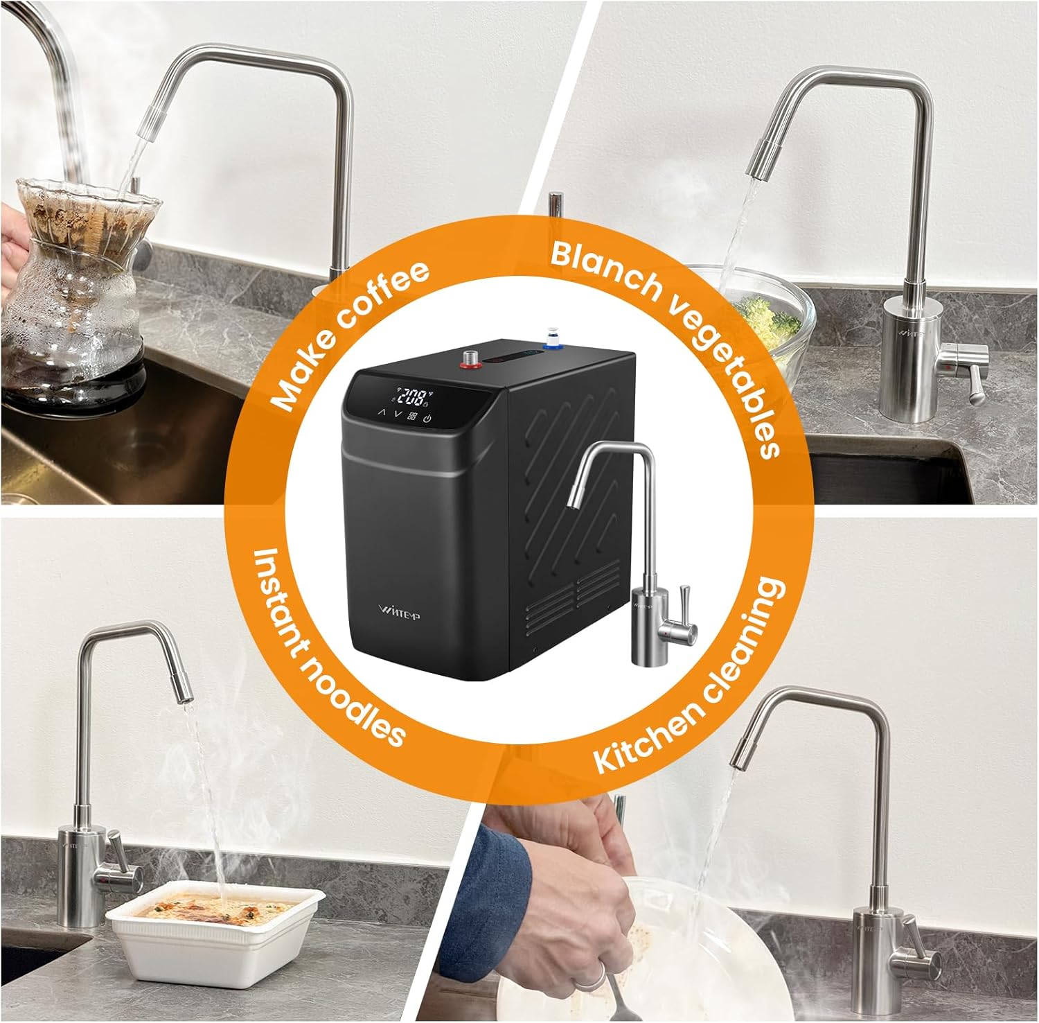 Instant Hot Water Dispenser 110V, Under-Sink Hot Water Boiler with Faucet, 3.4 Qt Stainless Steel Tank, Digital Temperature 113–208°F, Energy-Efficient Design, Quiet Operation & Child Safety Lock