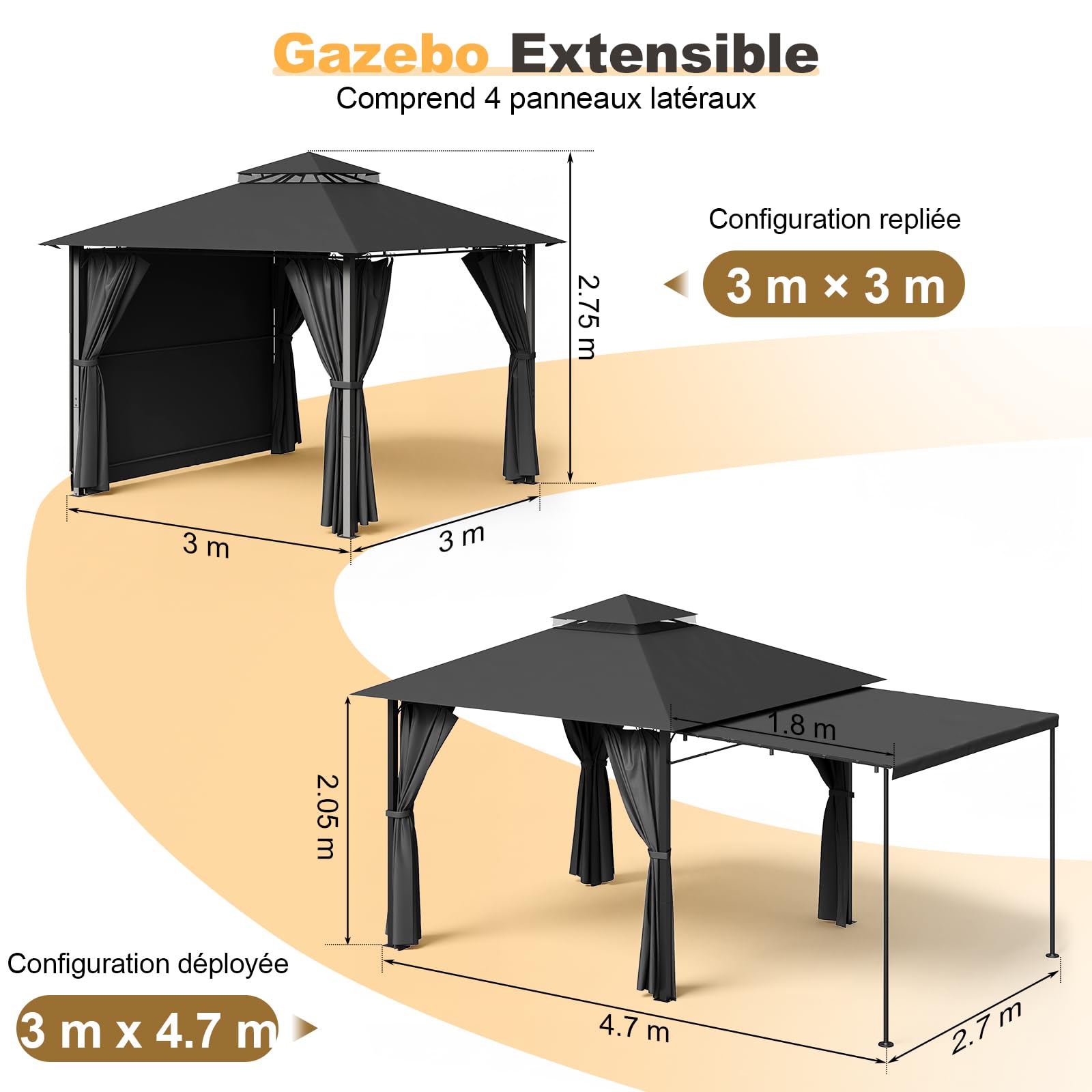 Devoko Tonnelle de Jardin Exterieur 3x3 m avec Auvent Latéral, Tonnelle Imperméable Stable, Protection UV 50+, Pergola Jardin Exterieur Extensible à 3x4.7m pour Cour, Terrasse, BBQ Fêtes, Gris