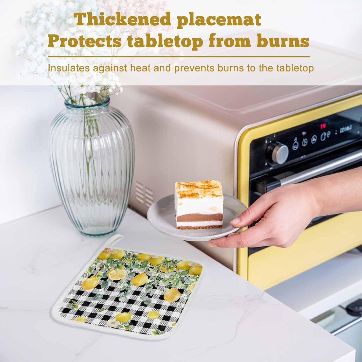 5 Pack Pot Holders for Kitchen, Lemon Check Hot Pads for Kitchen Countertops Oven Pot Holder Bulk, Black Plaid Eucalyptus Farm Country Flower Heat Insulation Potholders with Hanging Loops