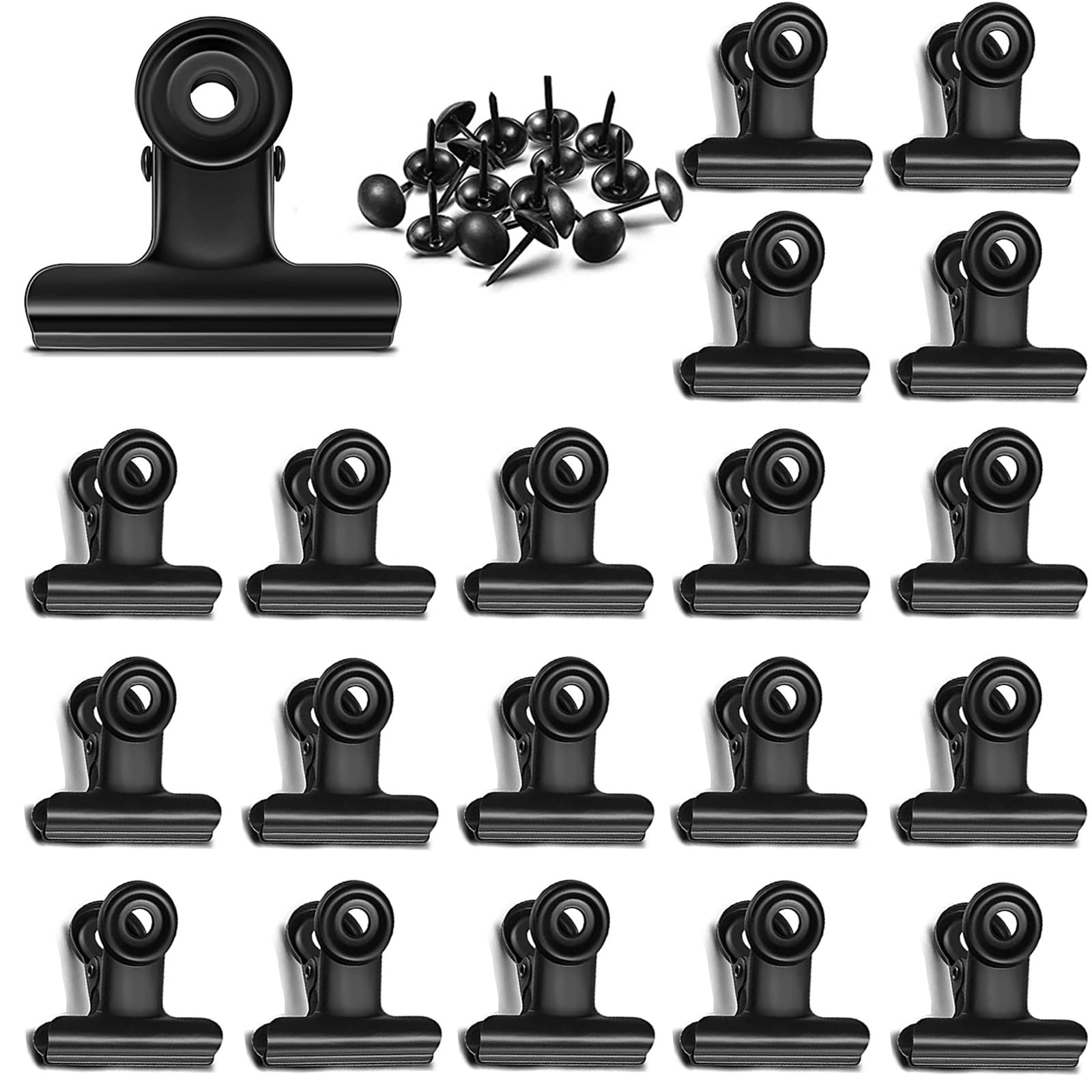 YUCHIYA 20 Pack Metal Clips with 20 Push-pins for Corkboard,Bulldog Clips for Hanging Pictures,Small Hinge Clips for Photos Crafts,Mini Binder Clips Paper File Clamps for Office(Black,1.2inch)