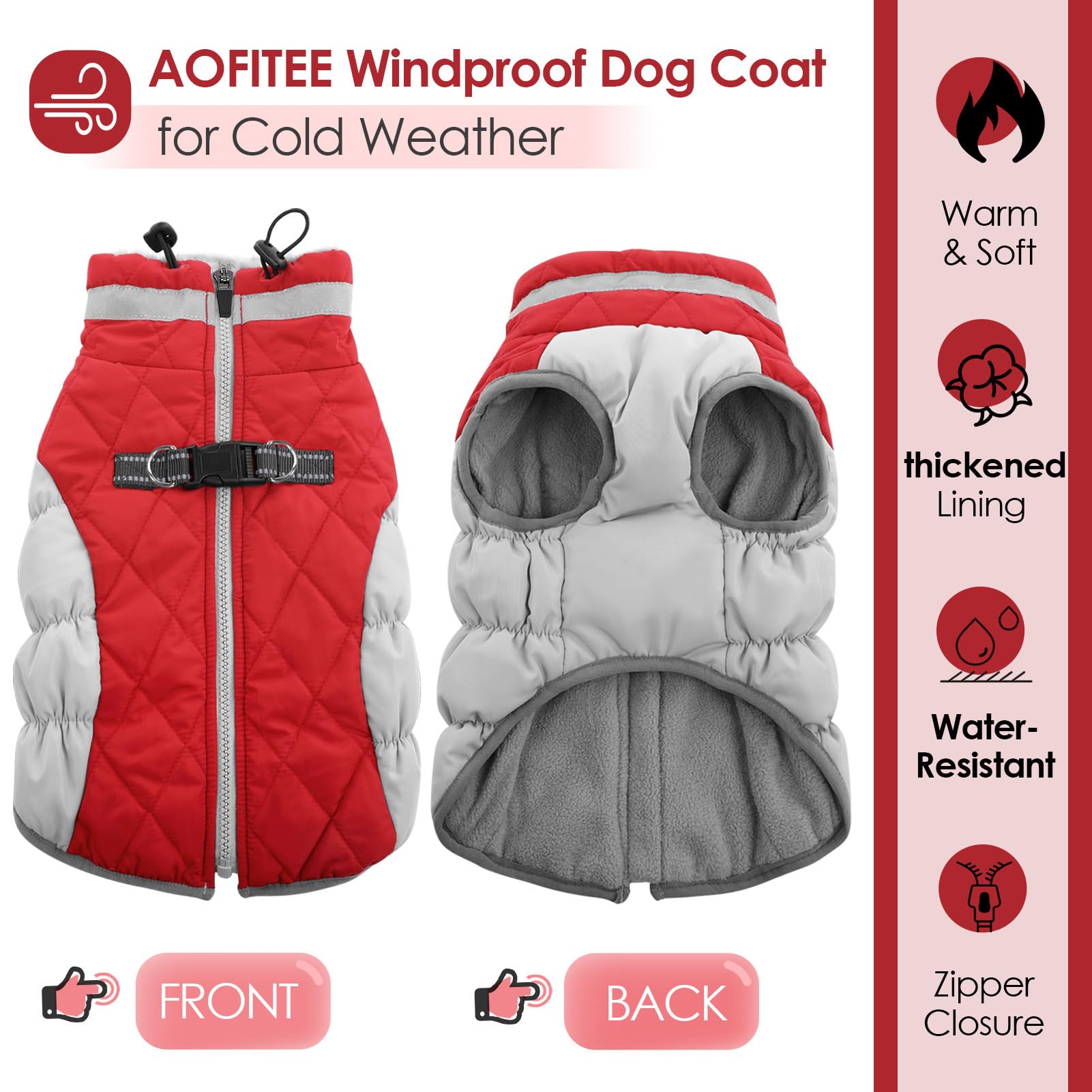 AOFITEE Dog Coat, Warm Dog Jackets for Large Dogs Reflective Turtleneck Dogs Winter Coat with Harness Built in - Image 2