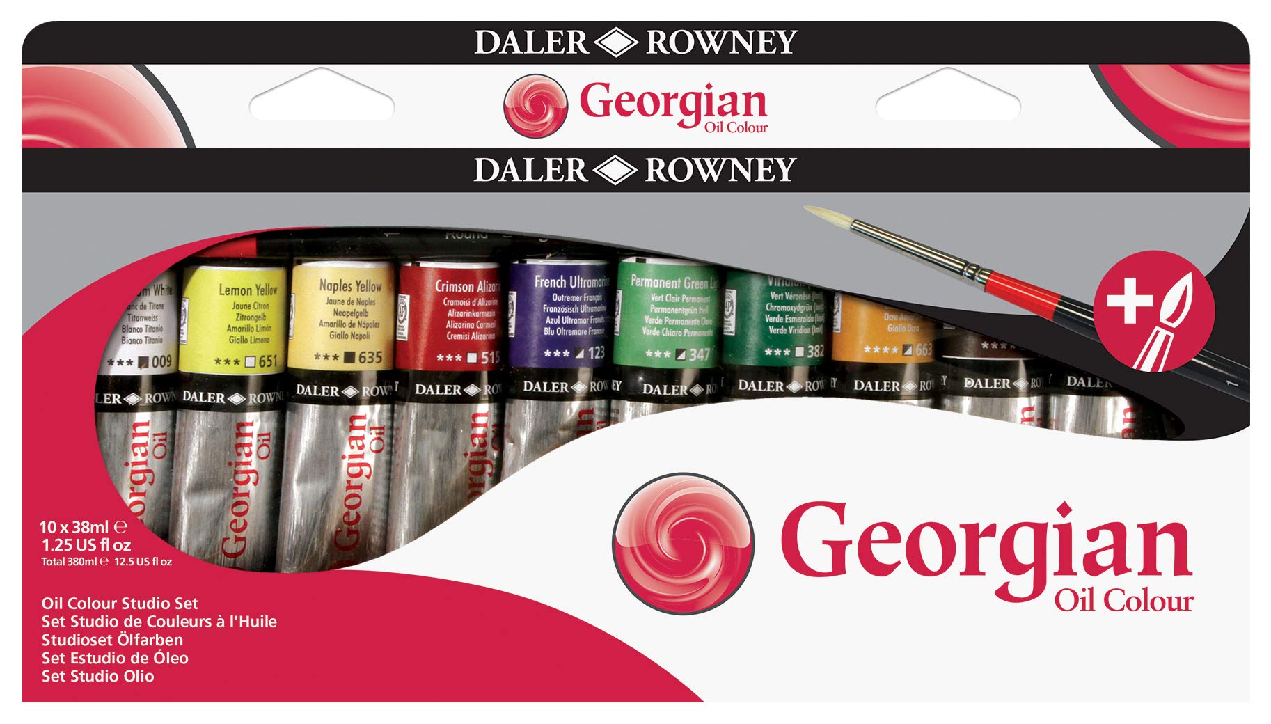 Daler-Rowney Georgian 38ml Oil Paint Artist Selection Set with Brush, 10 Assorted Colours, For Professional Artists & Students