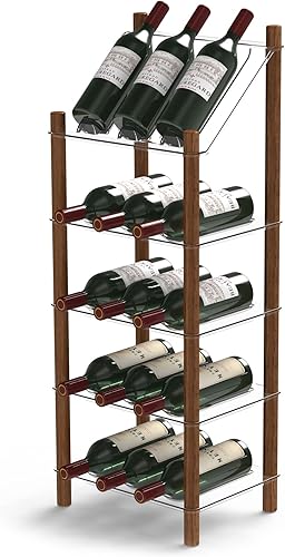 Life Story MyWinebar - Soporte para 15 botellas de vino con marco de madera, soporte de almacenamiento de piso con estante superior inclinado y 4