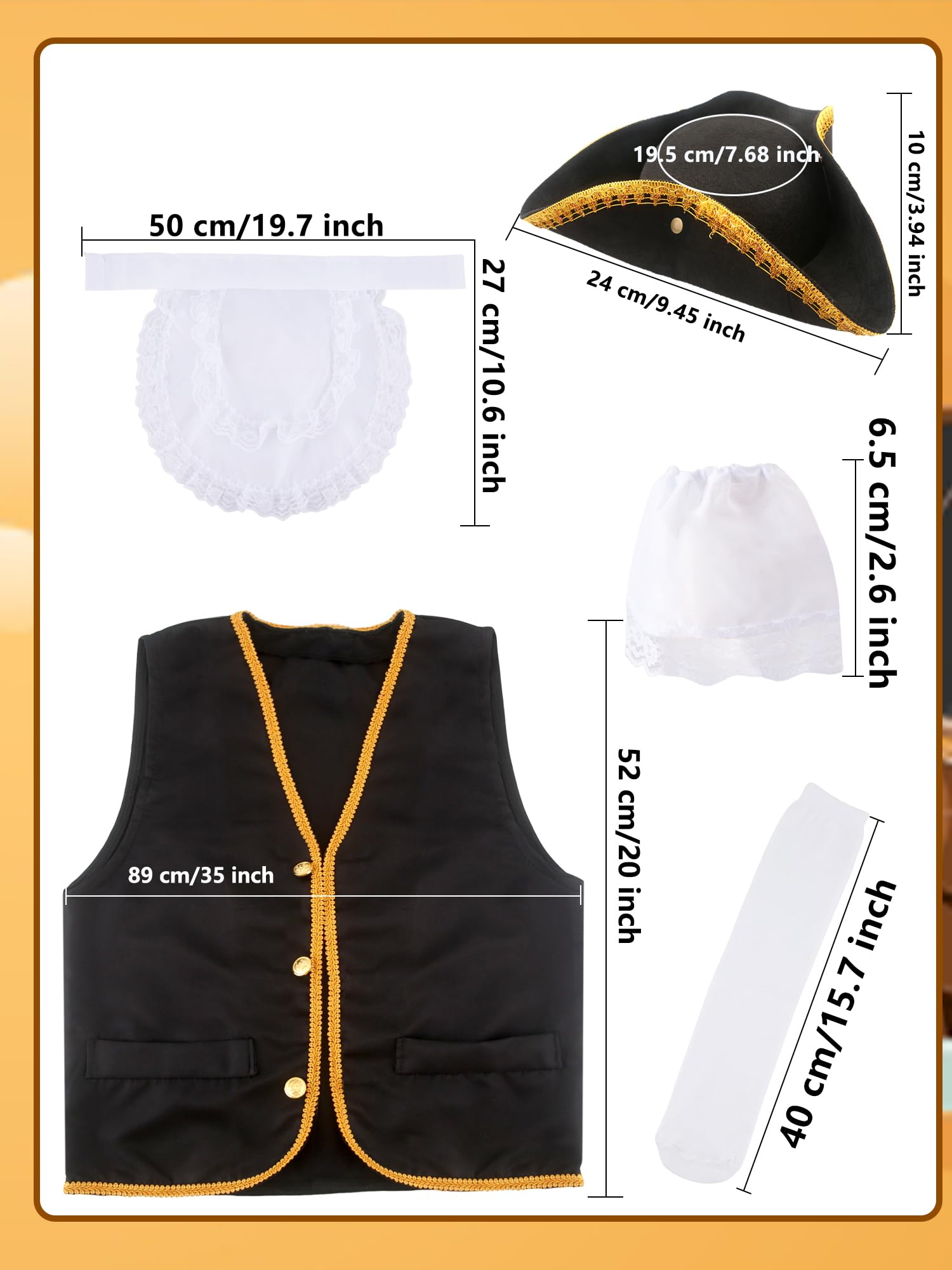 Flotory 6 Pcs Kids Pirate Tricorn Hat Costume Set Pirate Colonial Vest Tricorn Hat White Colonial Lace Socks Lace Collar for Boys Halloween Masquerade Party Cosplay