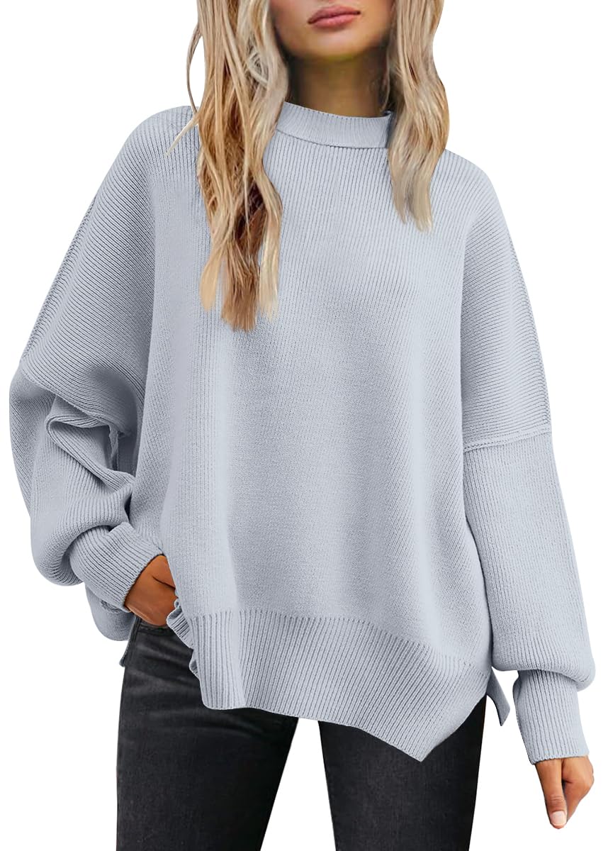 LILLUSORYWomen's Crewneck Batwing Long Sleeve Sweater 2023 Fall Oversized Ribbed Knit Side Slit Pullover Top