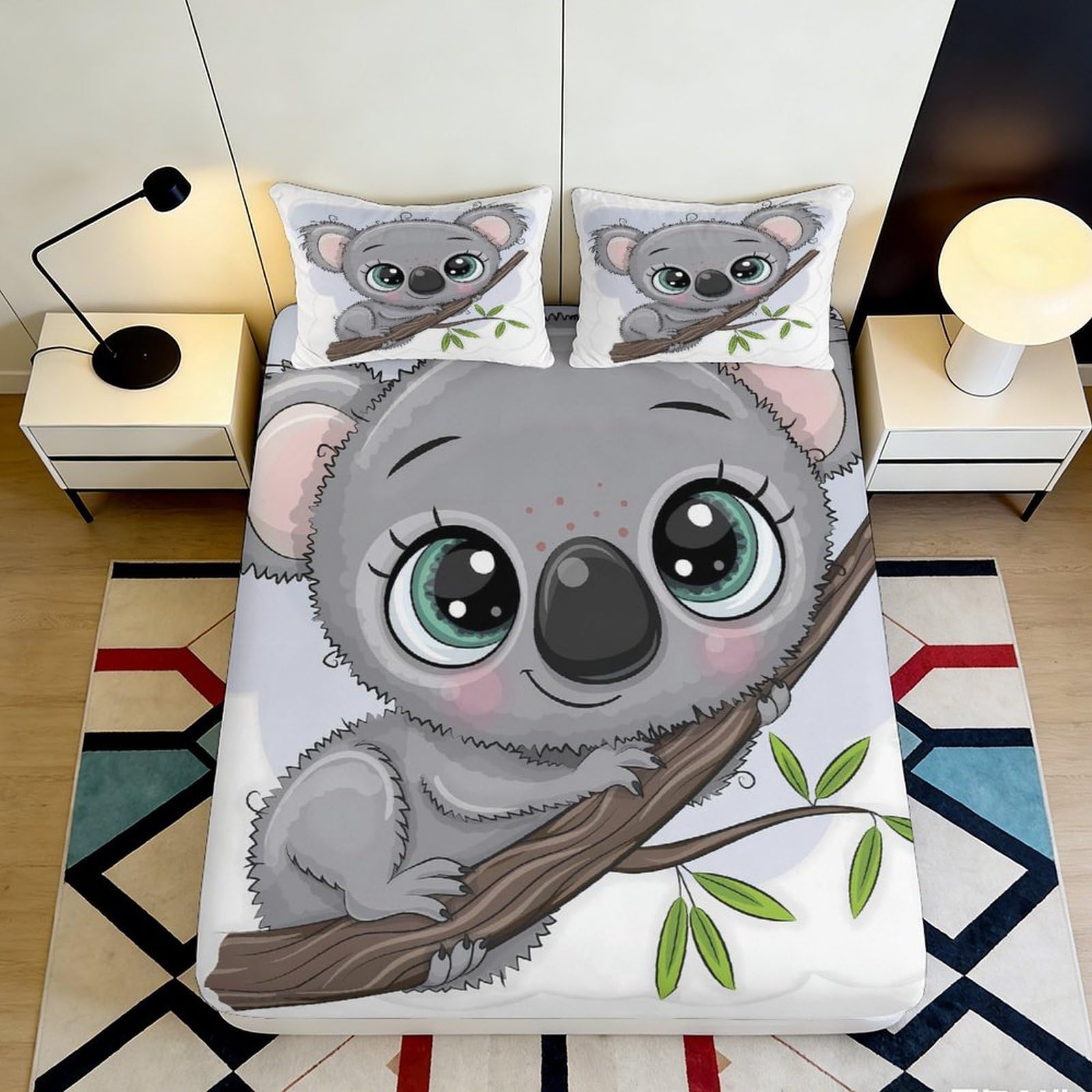 3D Printed Cute Koala Fitted Sheet Microfiber Soft Grey Cartoon Tree Branch Bed Cover for Bedroom Guest Room Decor 90x200x25cm